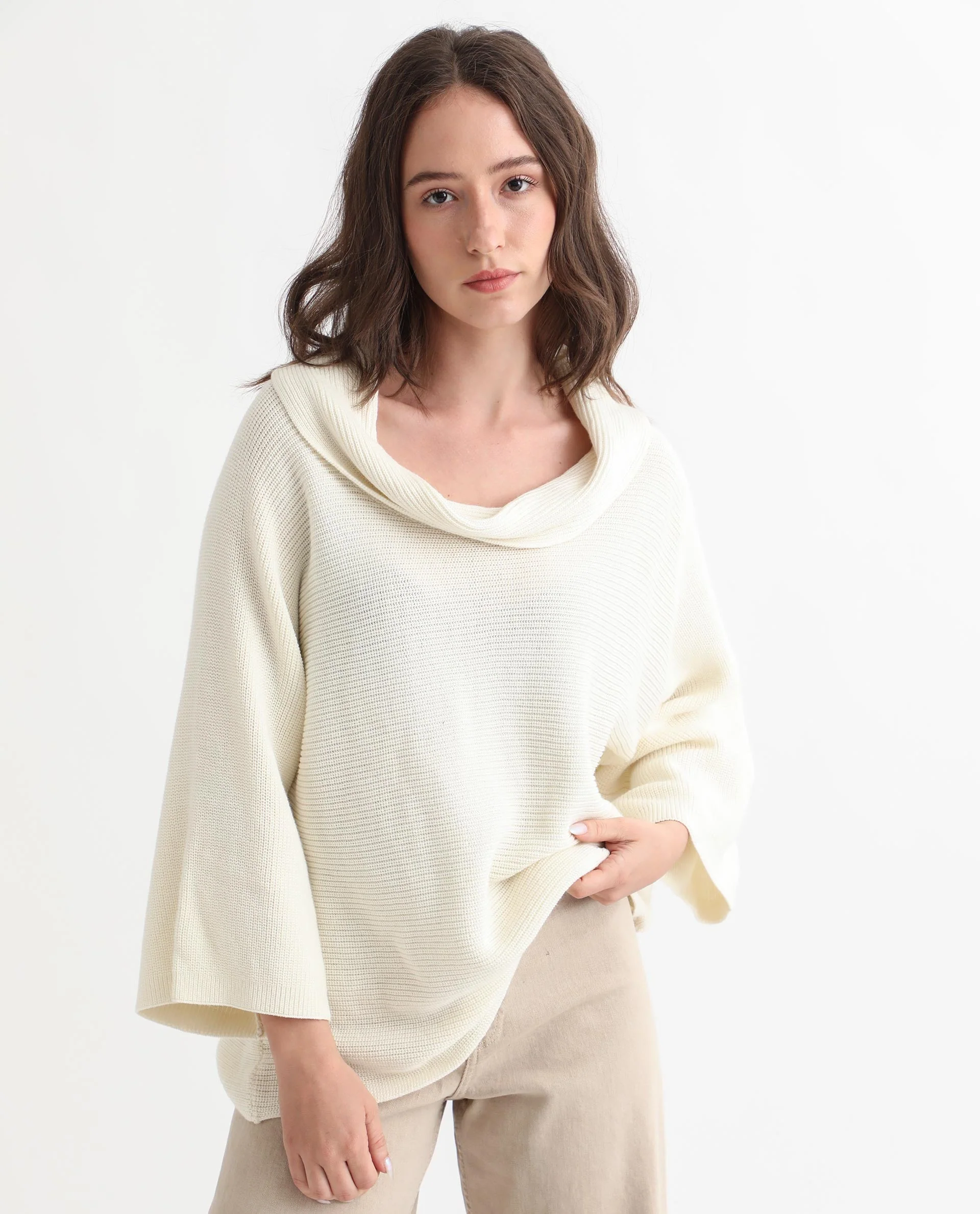 Rareism Women's Cleo Offwhite Cowl Neck Plain Relaxed Fit Sweater - Image 5