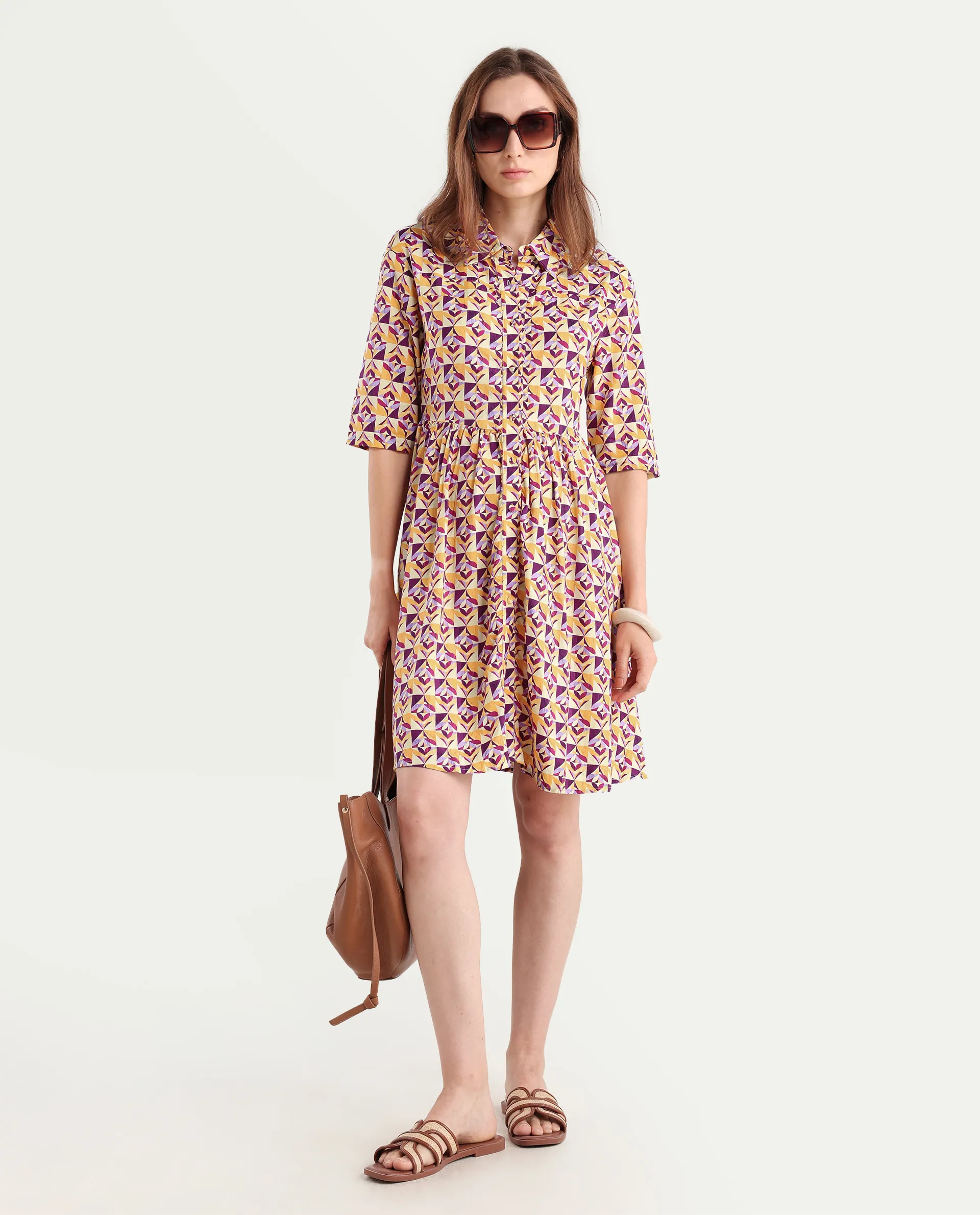 Rareism Women's Cleokap Multi Viscose Drop Collar Geometric Print Knee Length Fit And Flare Dress - Image 2