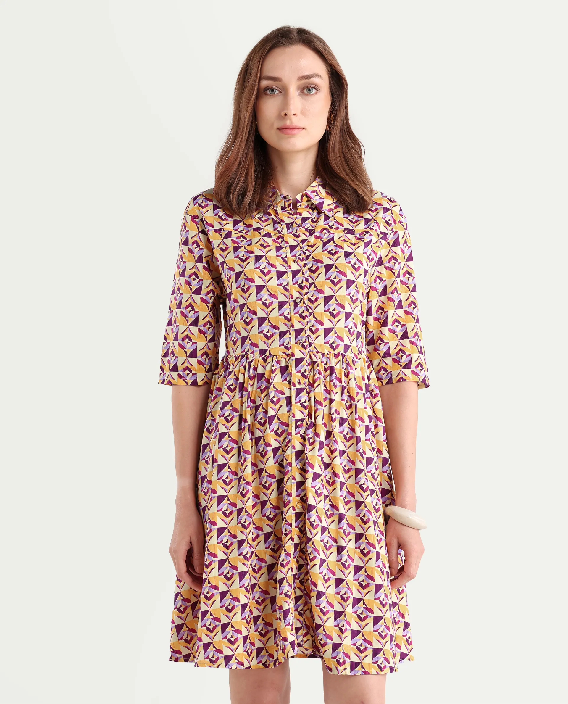Rareism Women's Cleokap Multi Viscose Drop Collar Geometric Print Knee Length Fit And Flare Dress - Image 3