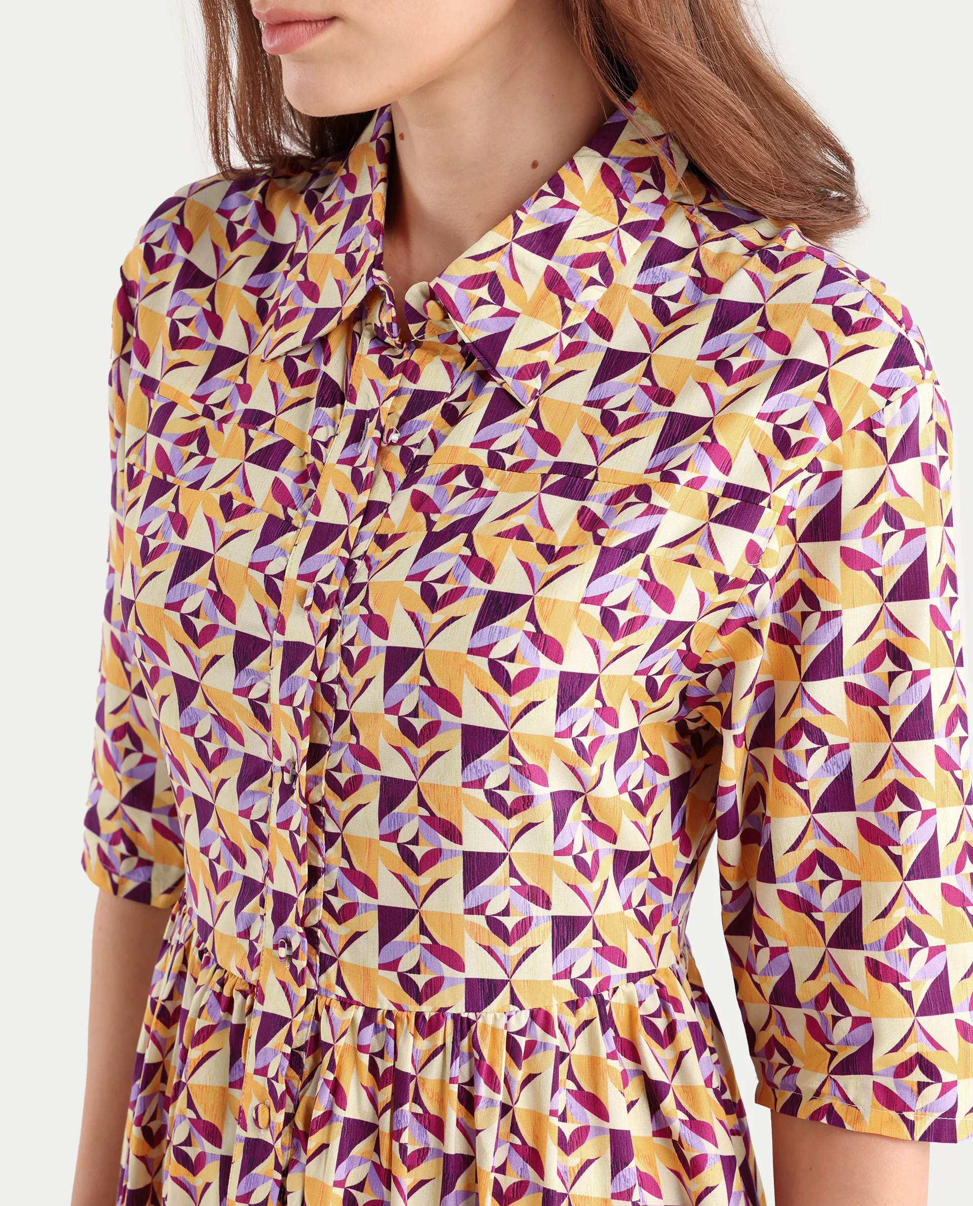 Rareism Women's Cleokap Multi Viscose Drop Collar Geometric Print Knee Length Fit And Flare Dress - Image 4