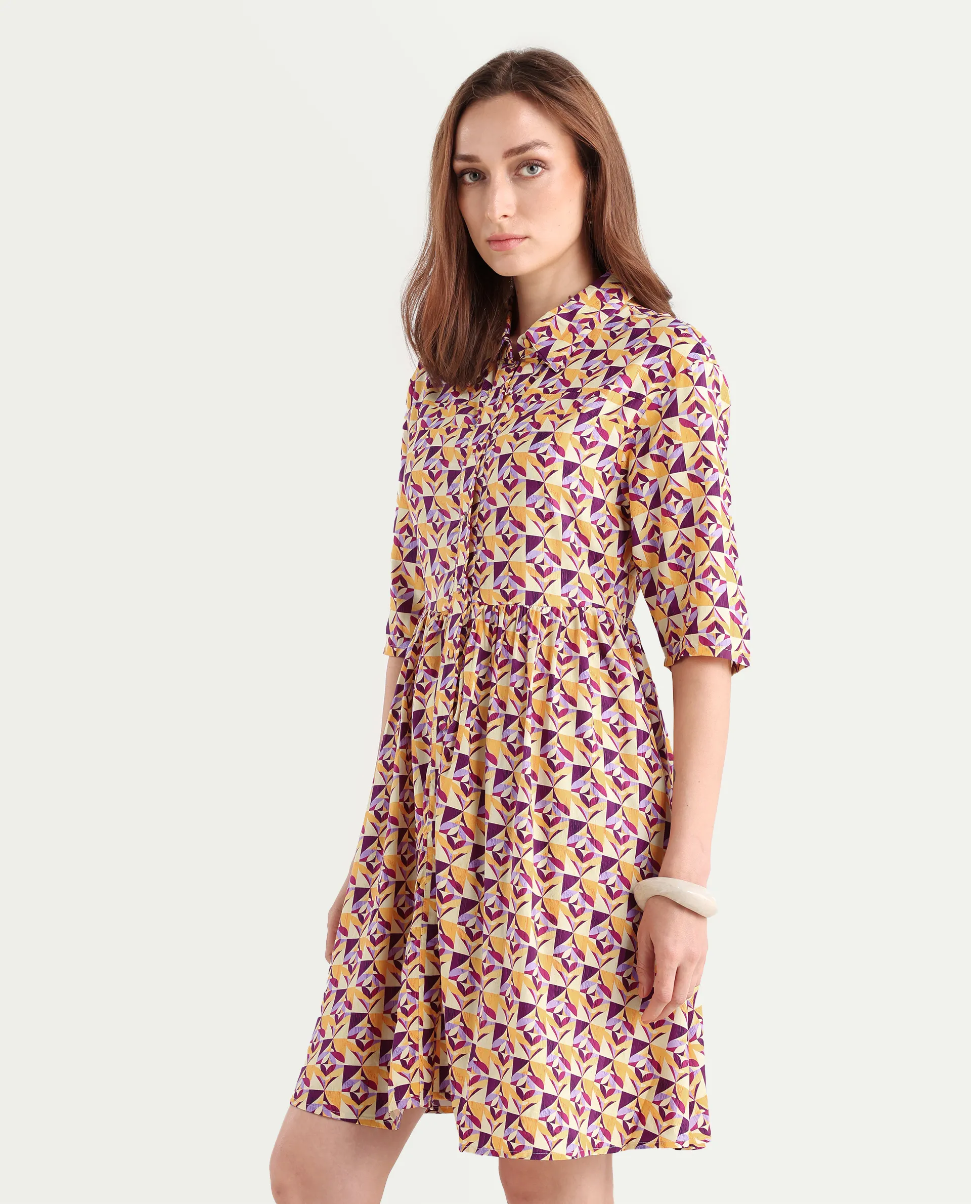 Rareism Women's Cleokap Multi Viscose Drop Collar Geometric Print Knee Length Fit And Flare Dress - Image 5