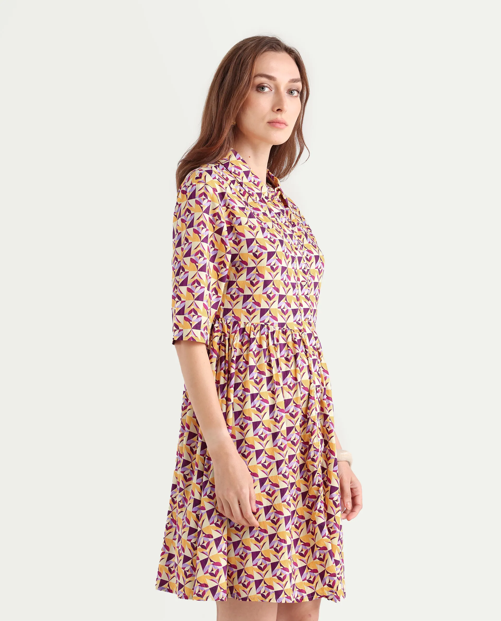 Rareism Women's Cleokap Multi Viscose Drop Collar Geometric Print Knee Length Fit And Flare Dress - Image 6