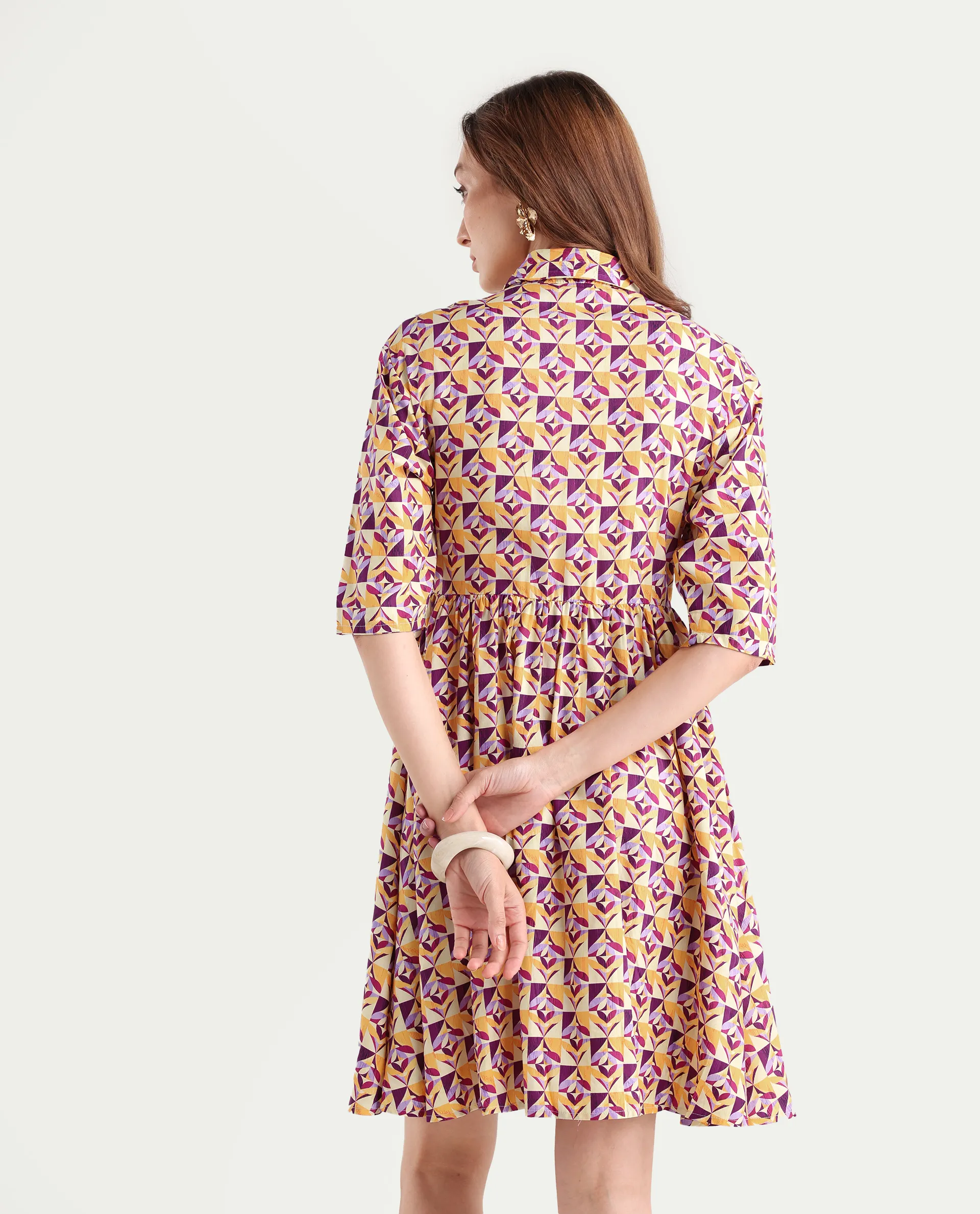 Rareism Women's Cleokap Multi Viscose Drop Collar Geometric Print Knee Length Fit And Flare Dress - Image 7