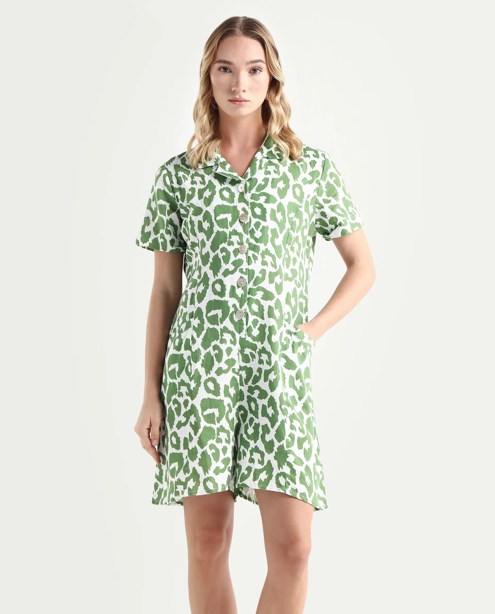 Rareism Women's Cleve White Linen Lapel Neck Abstract Print Relaxed Fit Playsuit - Image 3