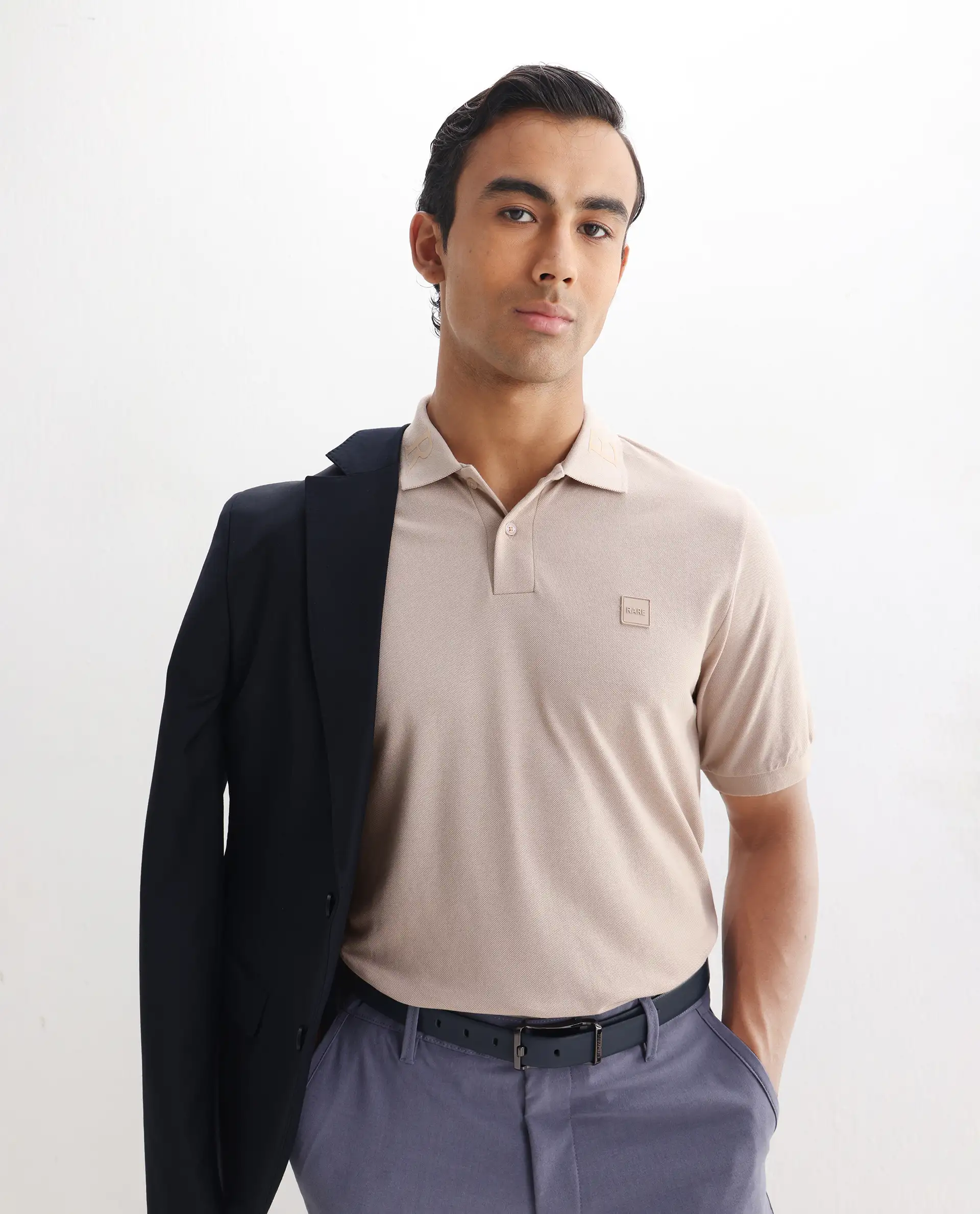 Rare Rabbit Men's Clif Dusky Beige Cotton Plain Regular Fit Half Sleeve Polo