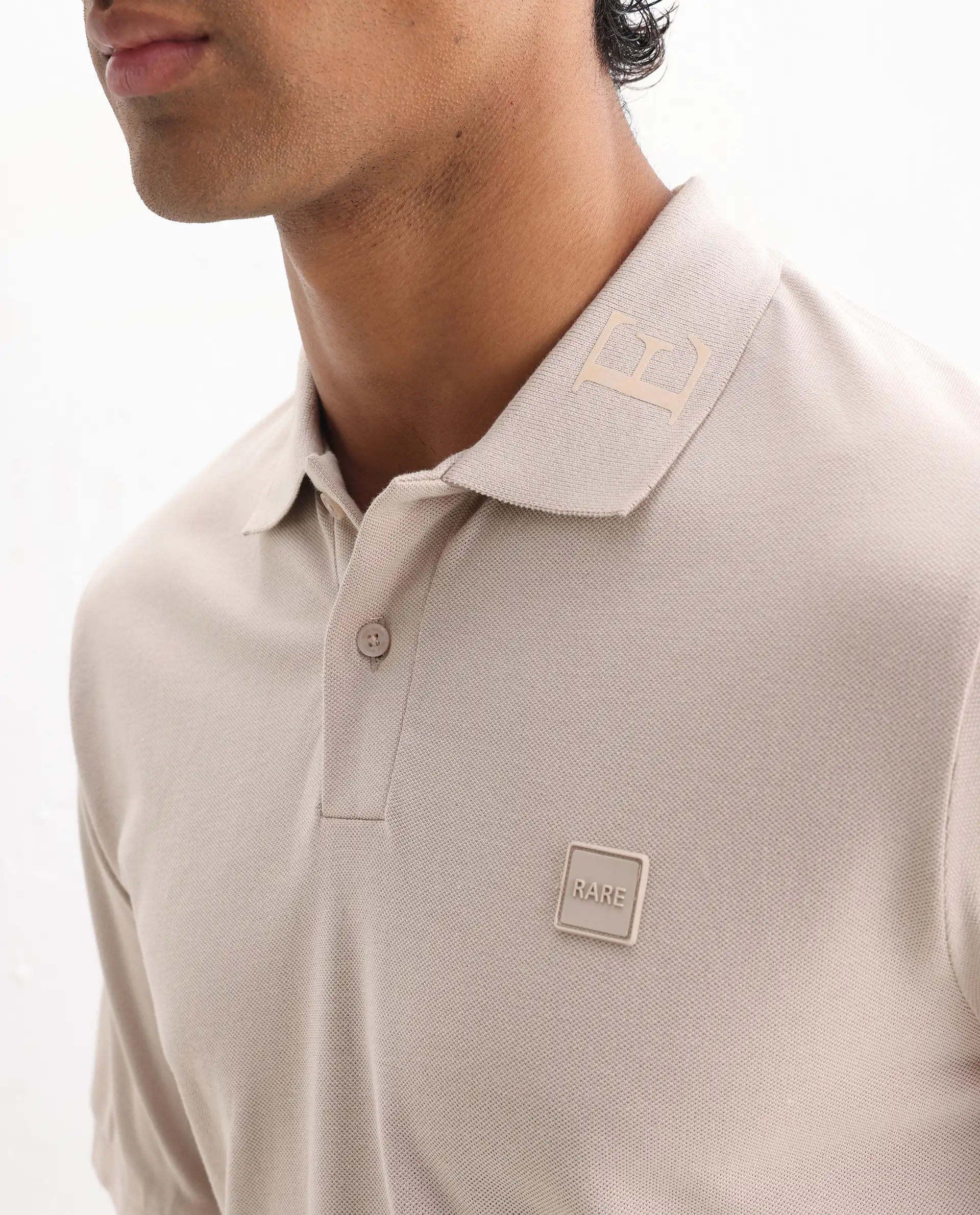 Rare Rabbit Men's Clif Dusky Beige Cotton Plain Regular Fit Half Sleeve Polo - Image 3