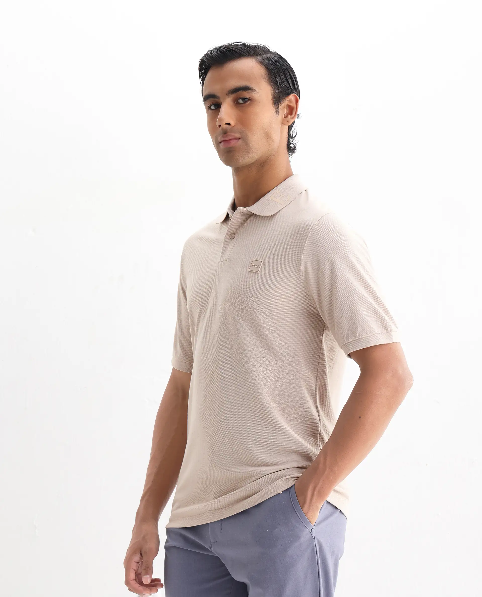Rare Rabbit Men's Clif Dusky Beige Cotton Plain Regular Fit Half Sleeve Polo - Image 4
