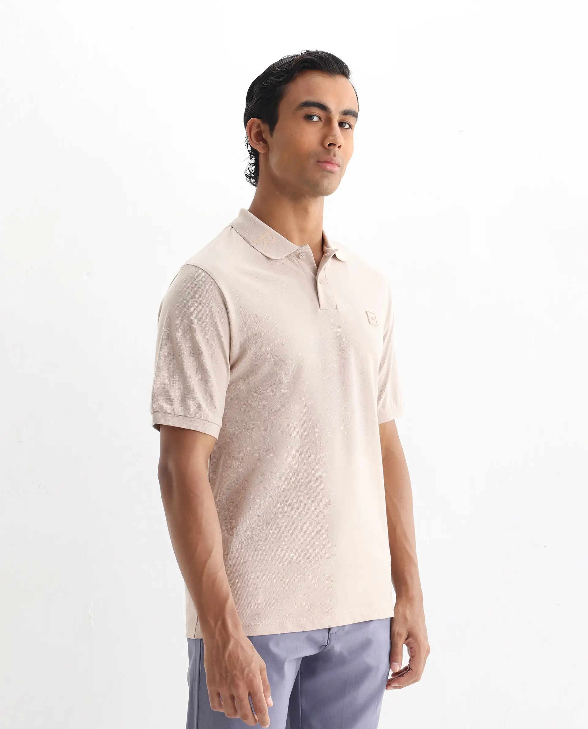 Rare Rabbit Men's Clif Dusky Beige Cotton Plain Regular Fit Half Sleeve Polo - Image 5