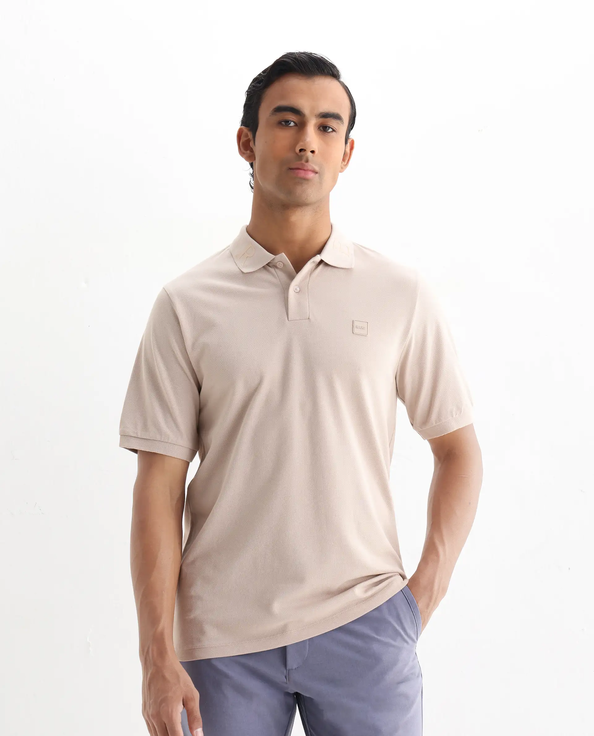 Rare Rabbit Men's Clif Dusky Beige Cotton Plain Regular Fit Half Sleeve Polo - Image 6