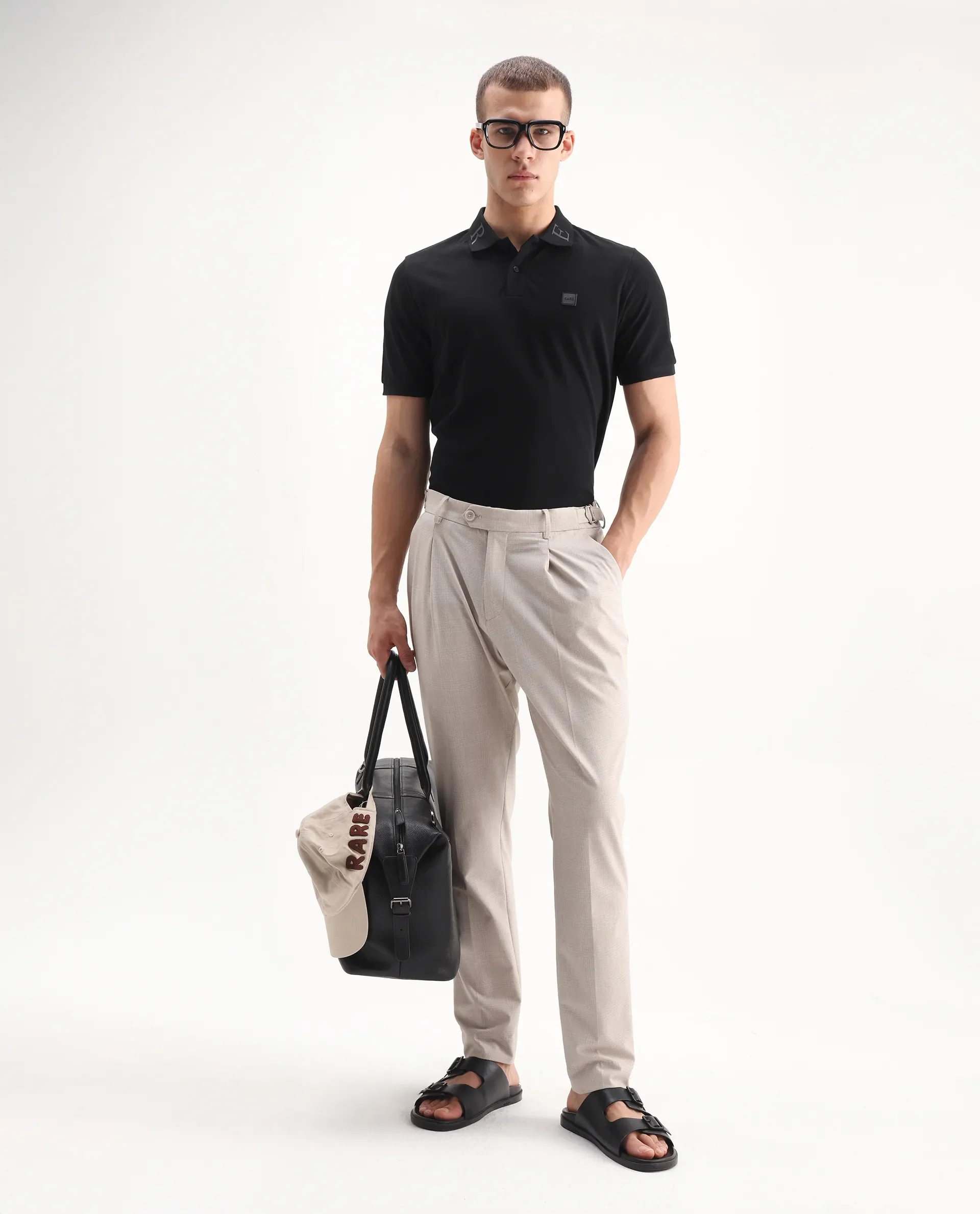 Rare Rabbit Men's Clif Black Cotton Plain Regular Fit Half Sleeve Polo - Image 2