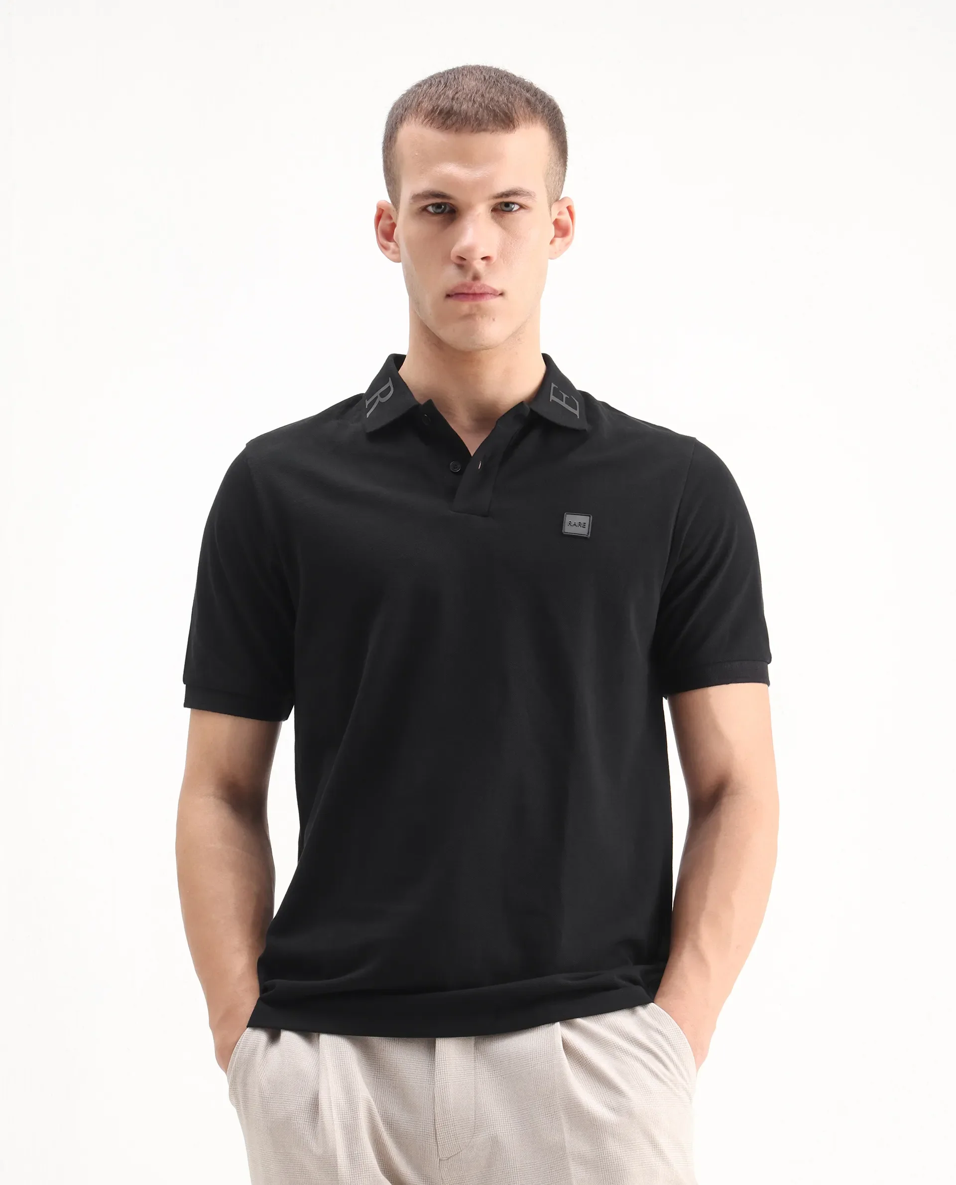 Rare Rabbit Men's Clif Black Cotton Plain Regular Fit Half Sleeve Polo - Image 3