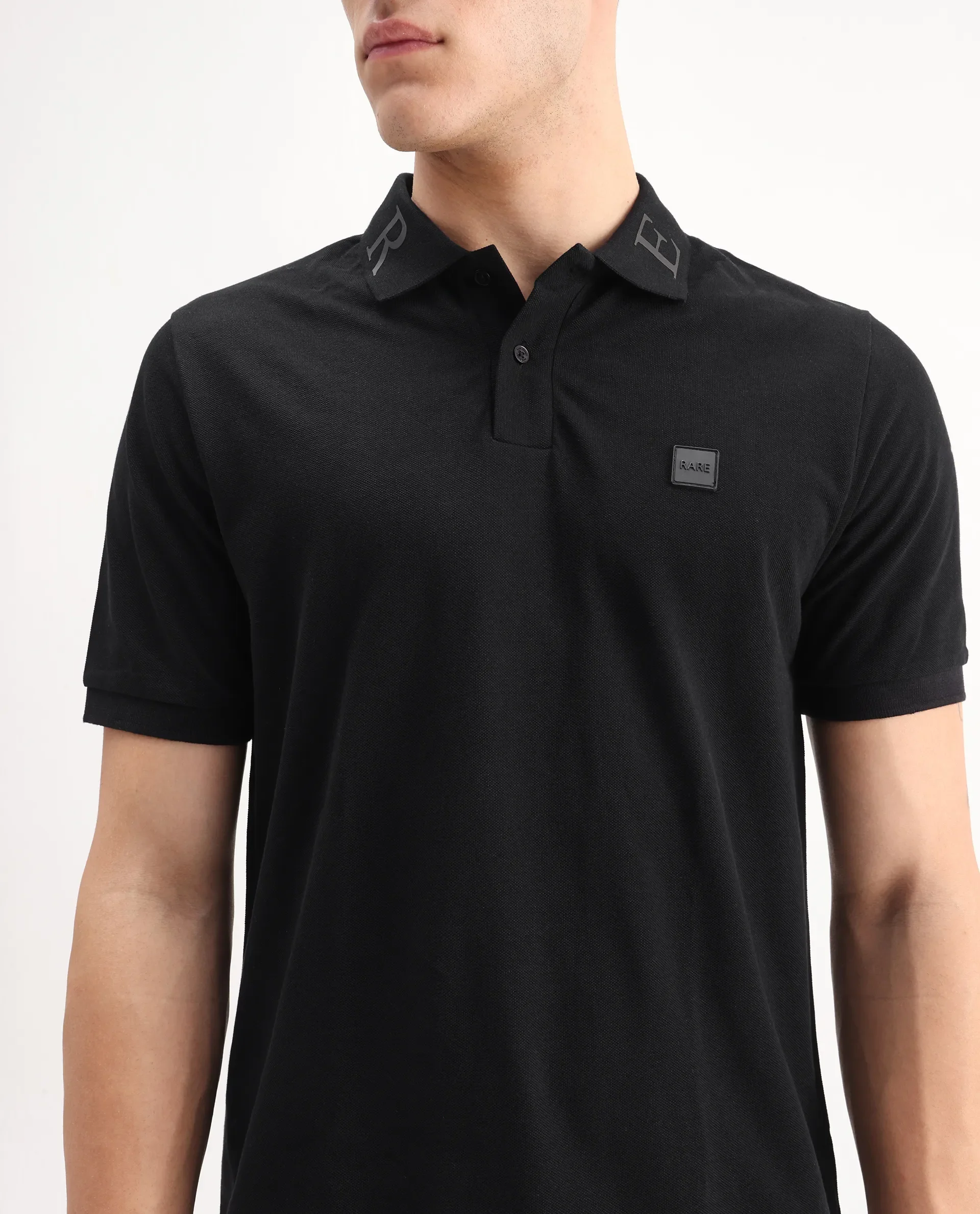 Rare Rabbit Men's Clif Black Cotton Plain Regular Fit Half Sleeve Polo - Image 4