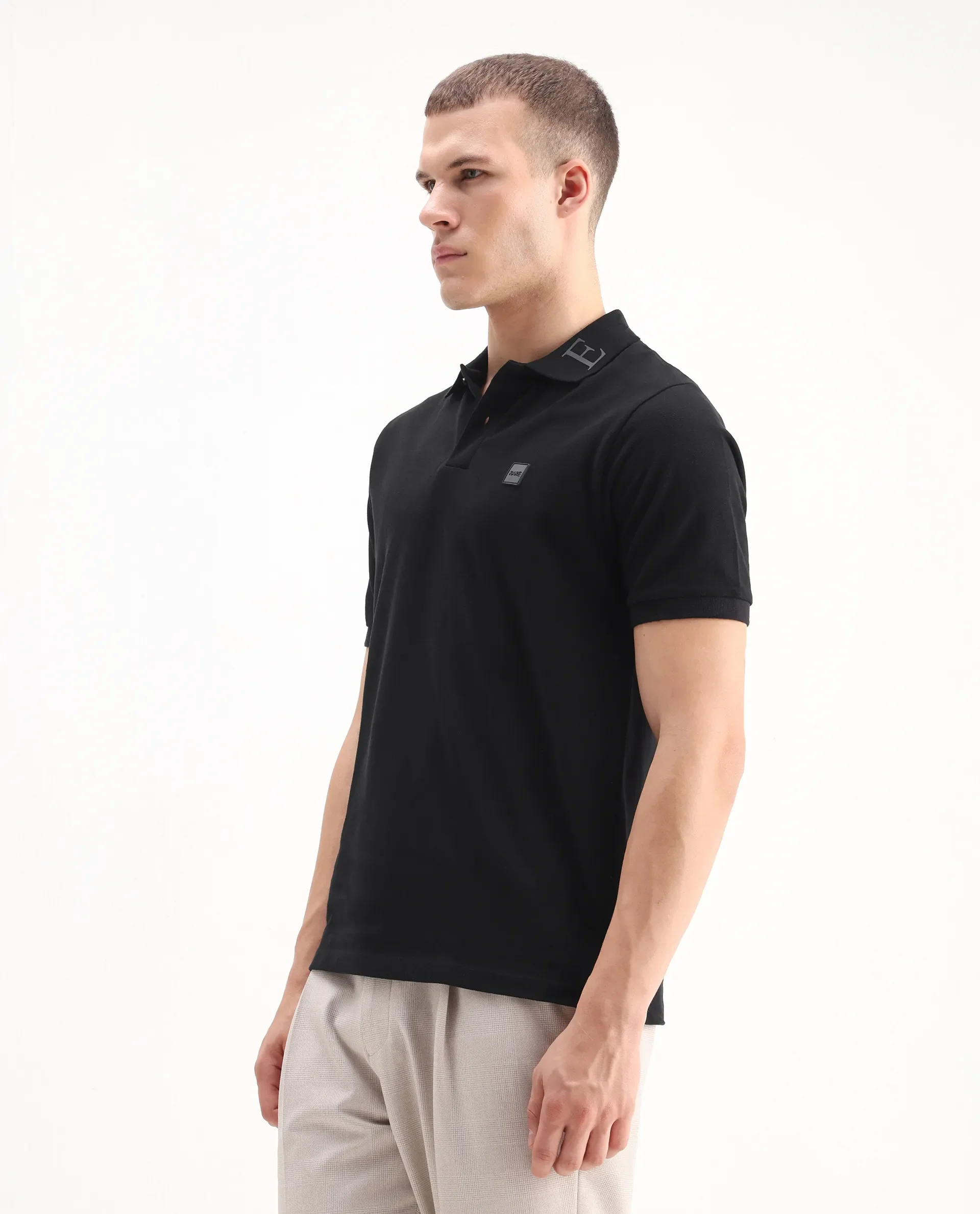 Rare Rabbit Men's Clif Black Cotton Plain Regular Fit Half Sleeve Polo - Image 6