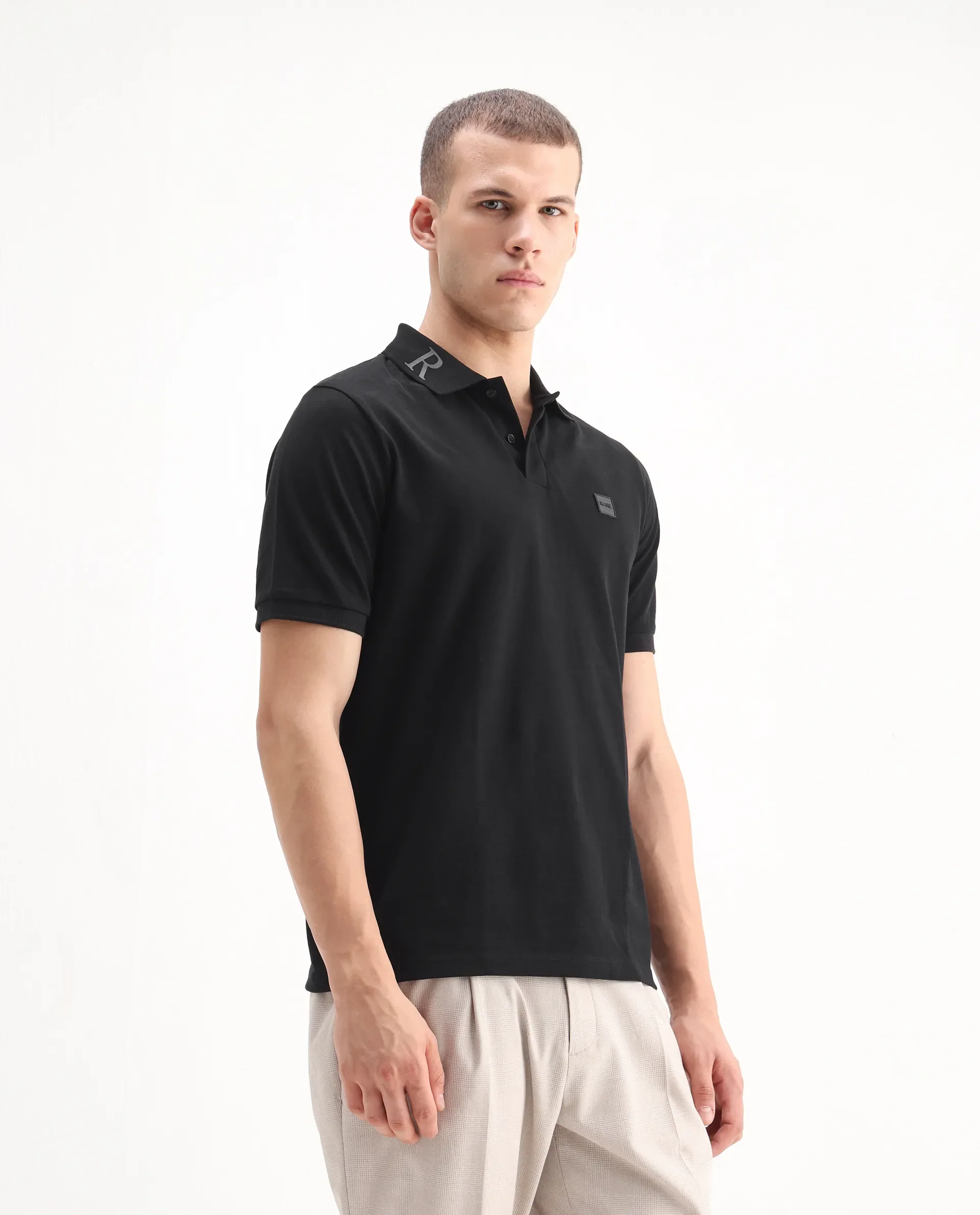 Rare Rabbit Men's Clif Black Cotton Plain Regular Fit Half Sleeve Polo - Image 7