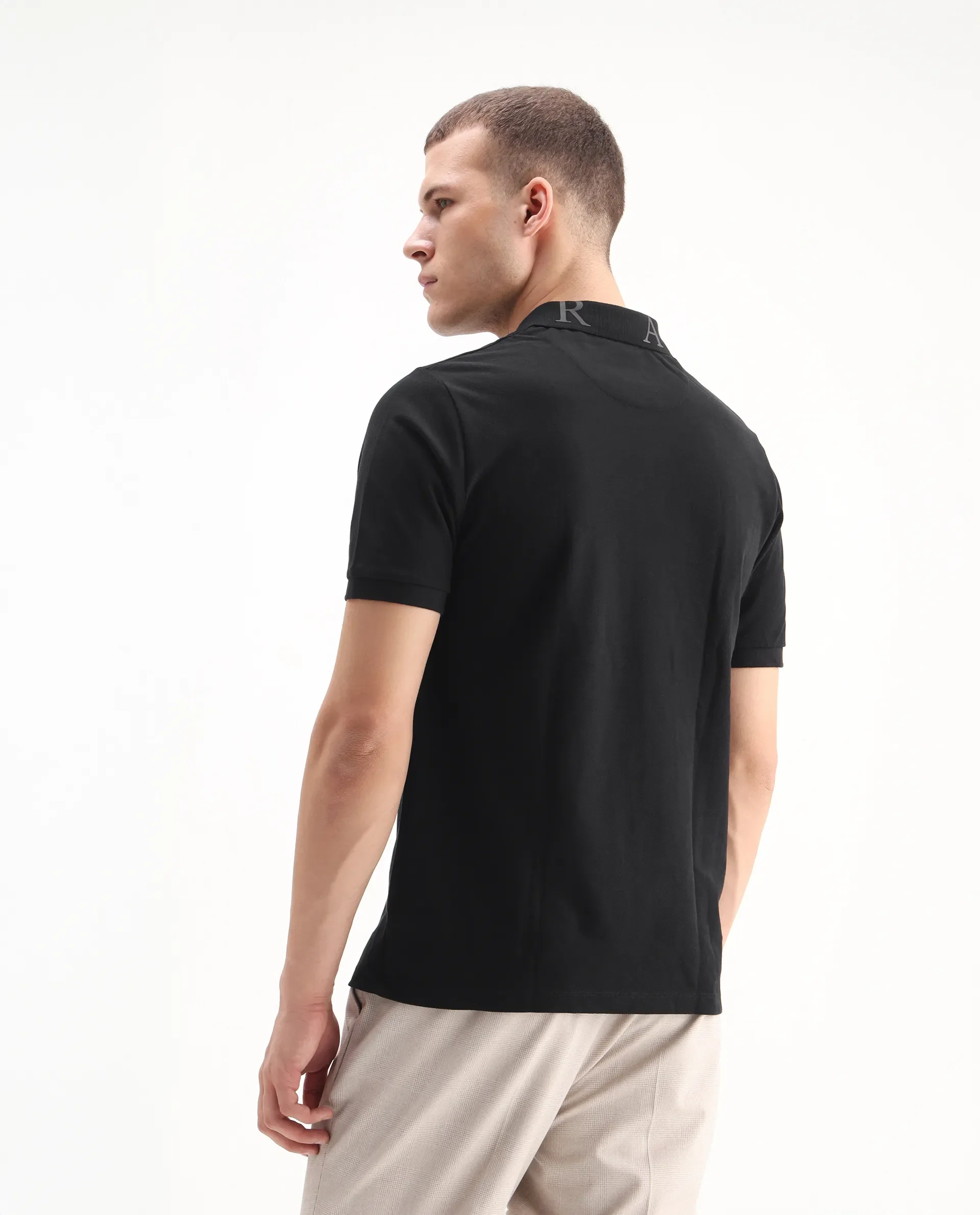 Rare Rabbit Men's Clif Black Cotton Plain Regular Fit Half Sleeve Polo - Image 8