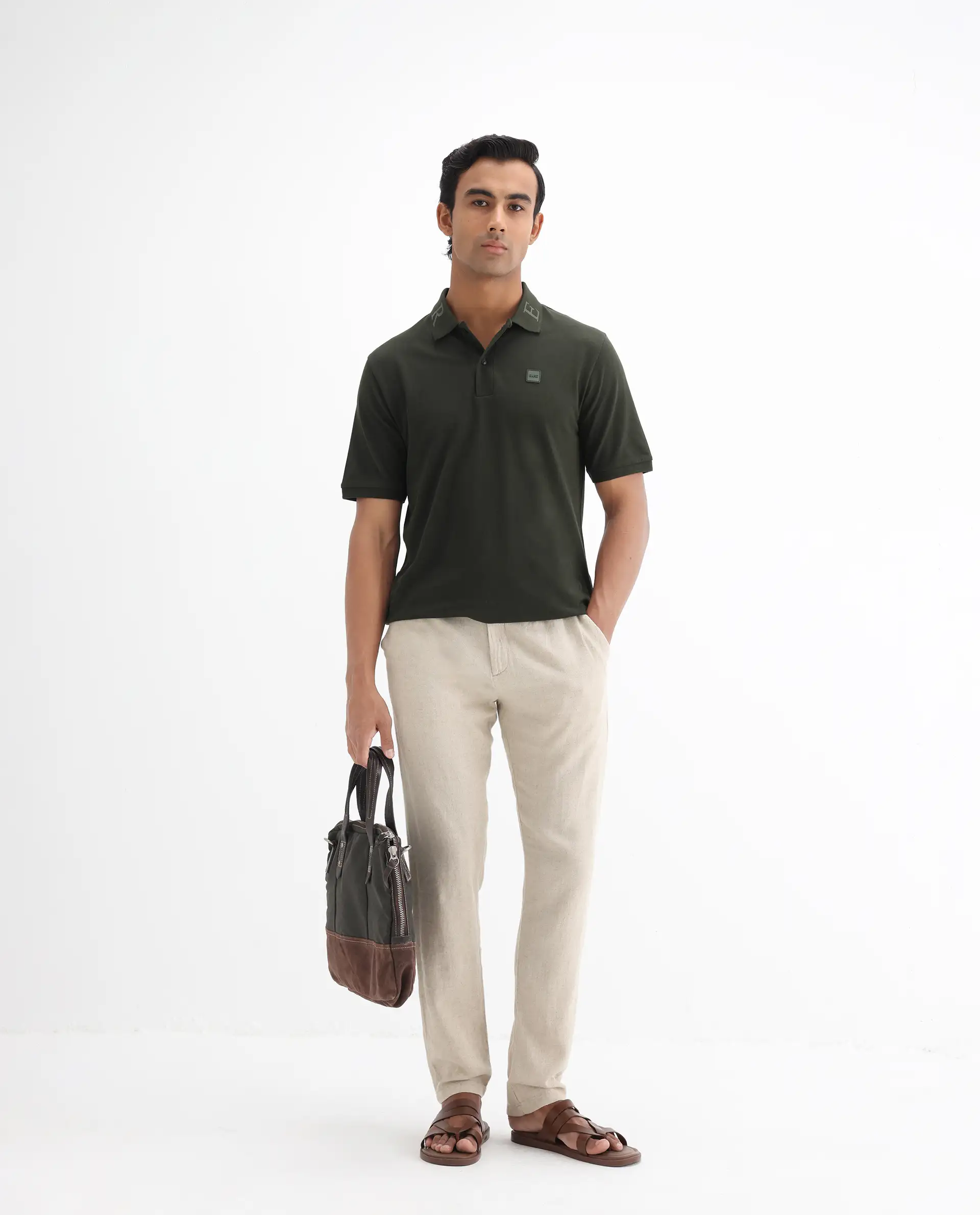 Rare Rabbit Men's Clif Dark Olive Cotton Plain Regular Fit Half Sleeve Polo - Image 2