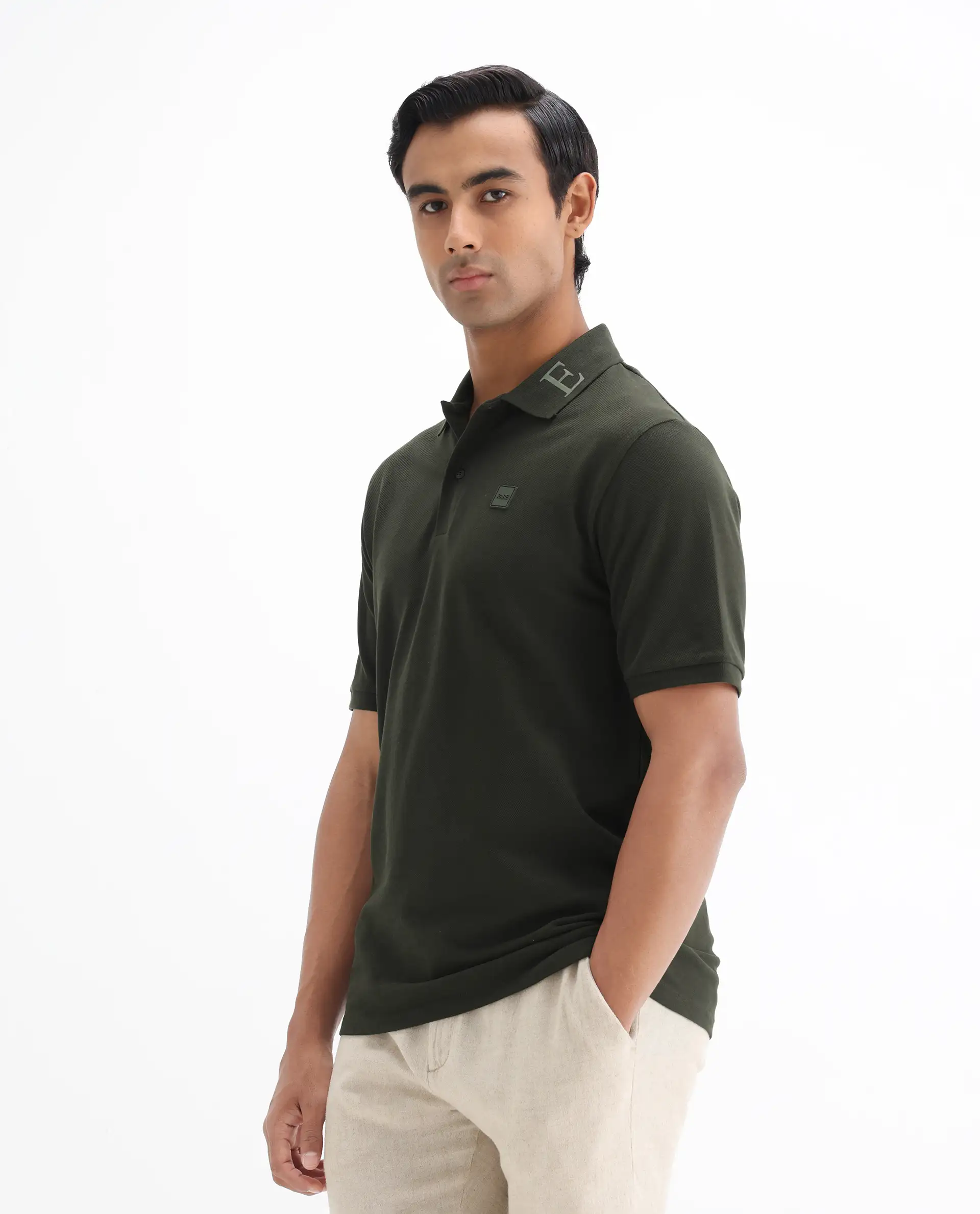 Rare Rabbit Men's Clif Dark Olive Cotton Plain Regular Fit Half Sleeve Polo - Image 4