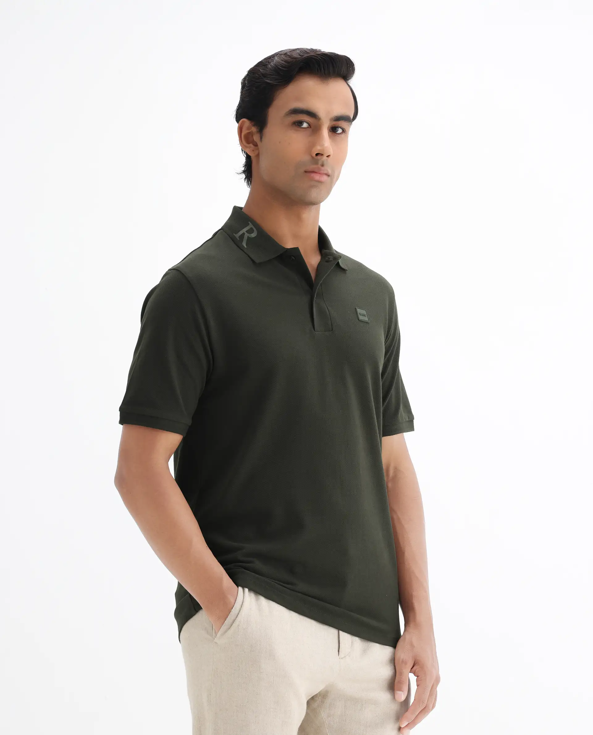 Rare Rabbit Men's Clif Dark Olive Cotton Plain Regular Fit Half Sleeve Polo - Image 5
