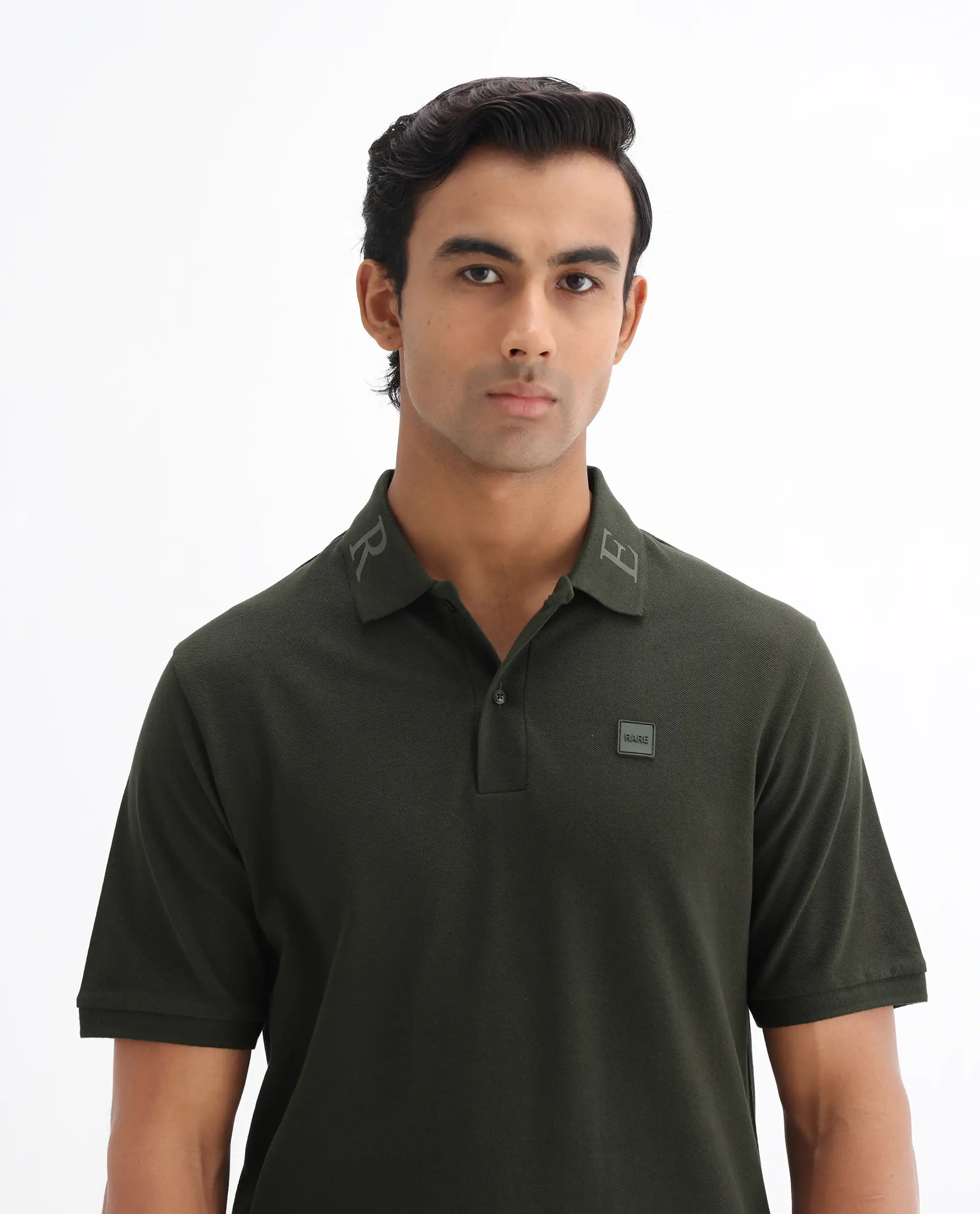 Rare Rabbit Men's Clif Dark Olive Cotton Plain Regular Fit Half Sleeve Polo - Image 6