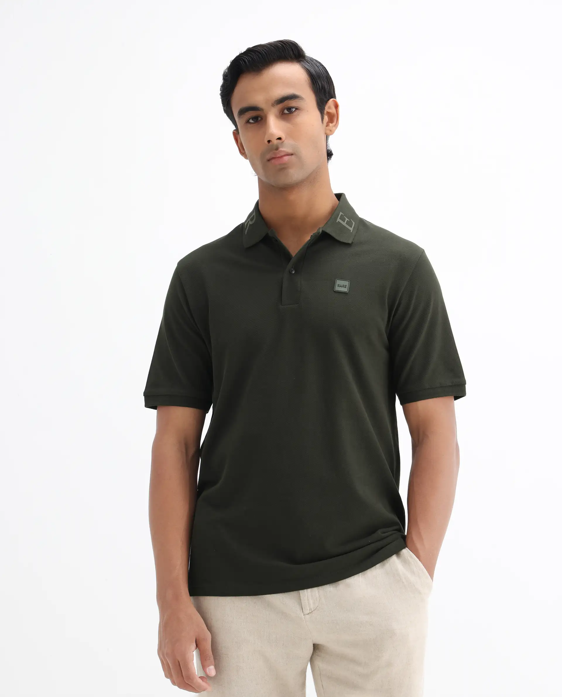 Rare Rabbit Men's Clif Dark Olive Cotton Plain Regular Fit Half Sleeve Polo - Image 7