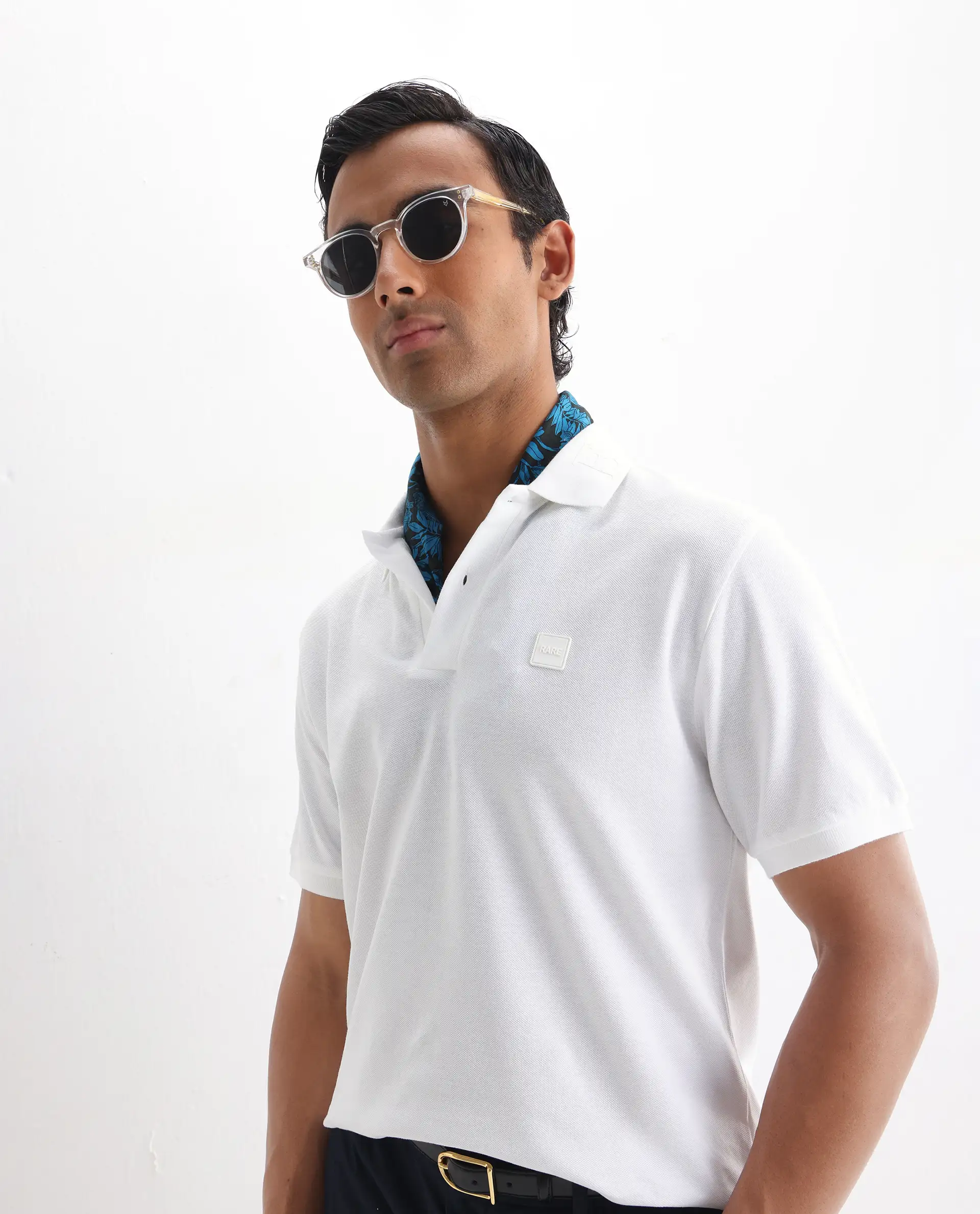 Rare Rabbit Men's Clif White Cotton Plain Regular Fit Half Sleeve Polo