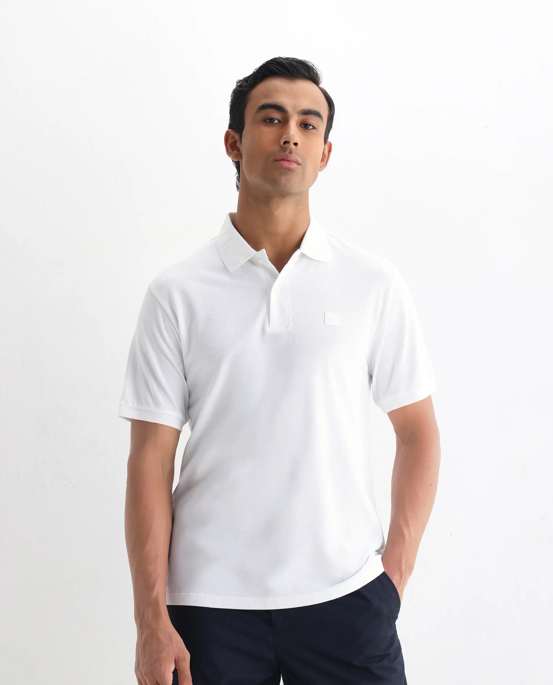 Rare Rabbit Men's Clif White Cotton Plain Regular Fit Half Sleeve Polo - Image 4