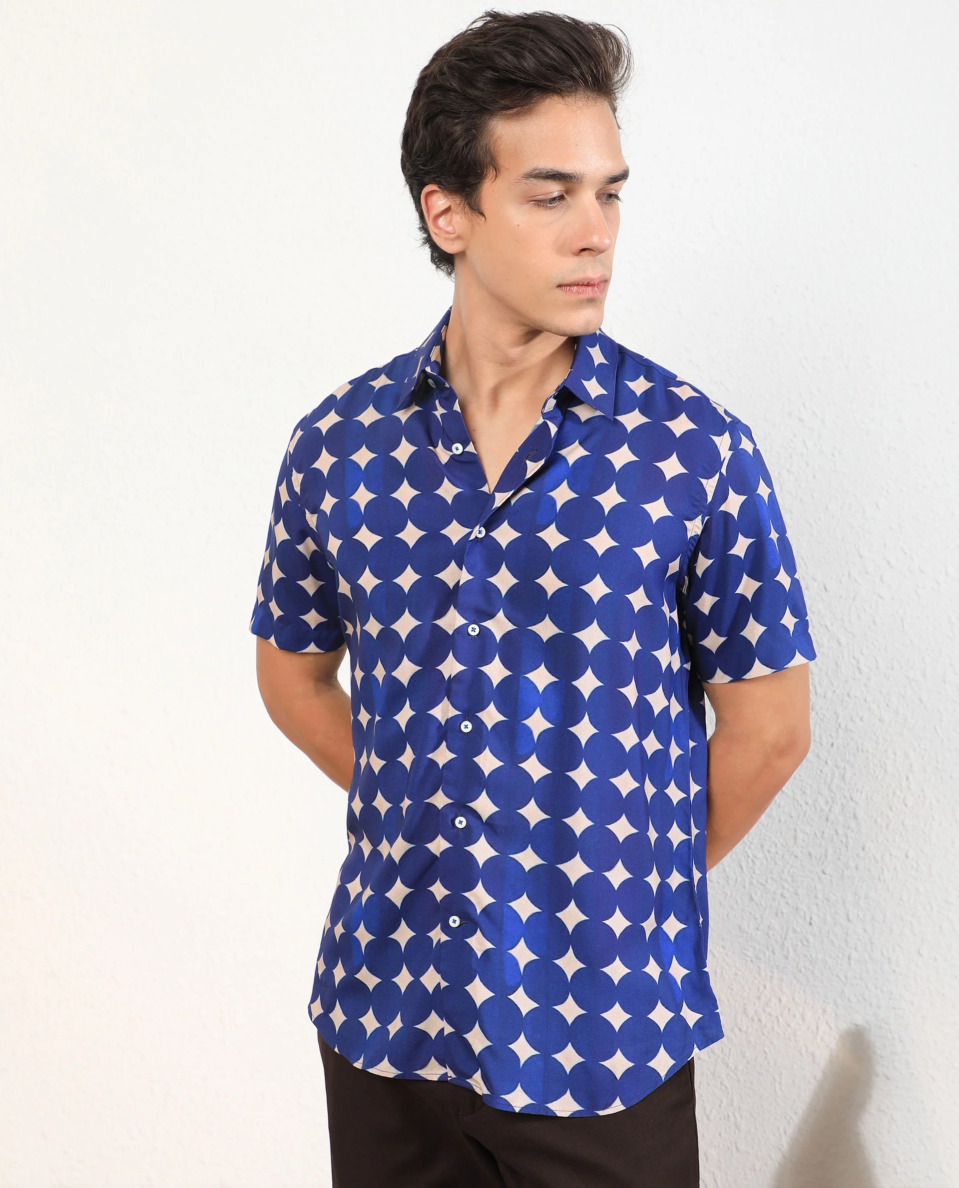 Rare Rabbit Men's Clinton Blue Viscose Geometric Print Regular Fit Half Sleeve Collared Shirt - Image 10