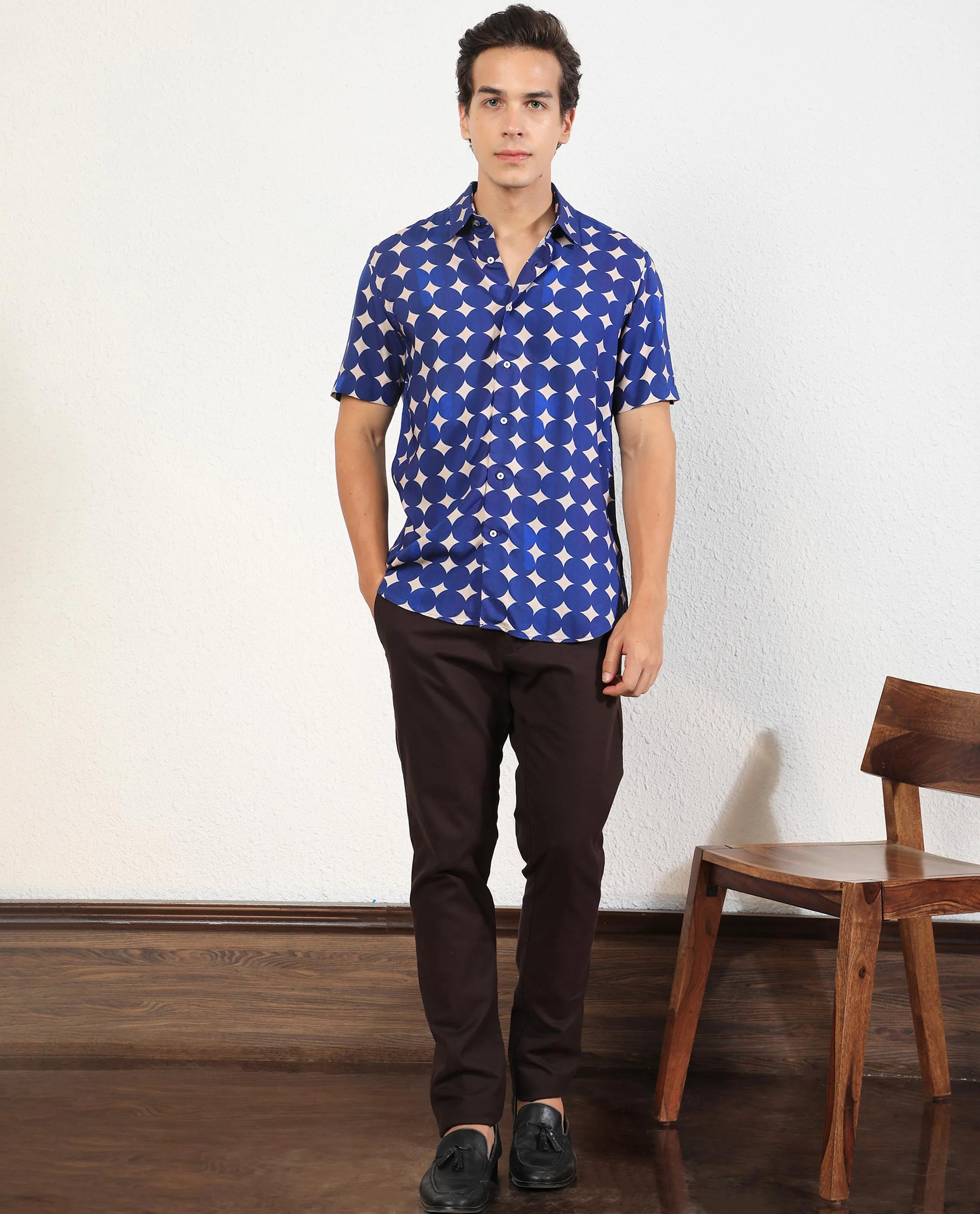 Rare Rabbit Men's Clinton Blue Viscose Geometric Print Regular Fit Half Sleeve Collared Shirt - Image 2