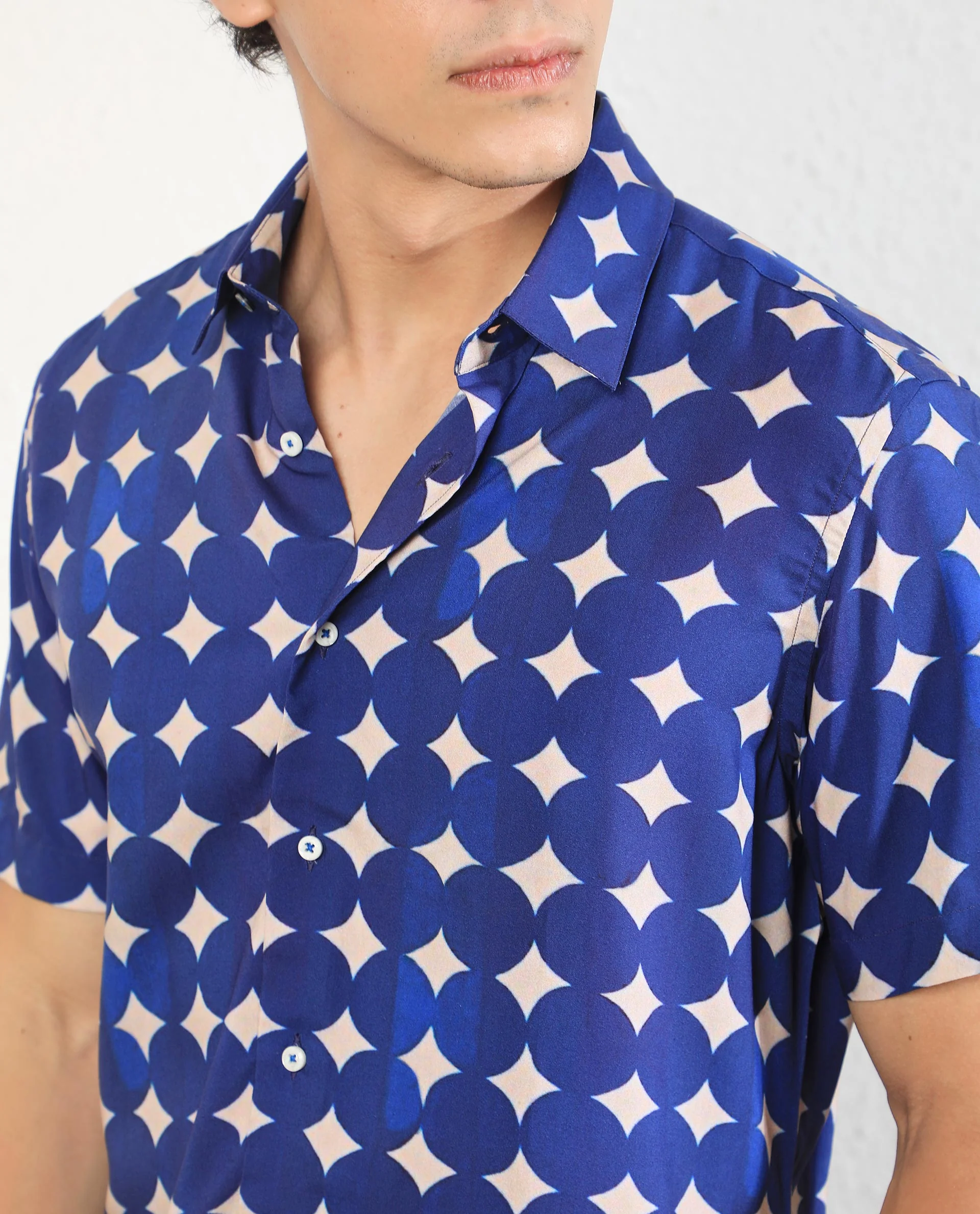 Rare Rabbit Men's Clinton Blue Viscose Geometric Print Regular Fit Half Sleeve Collared Shirt - Image 3