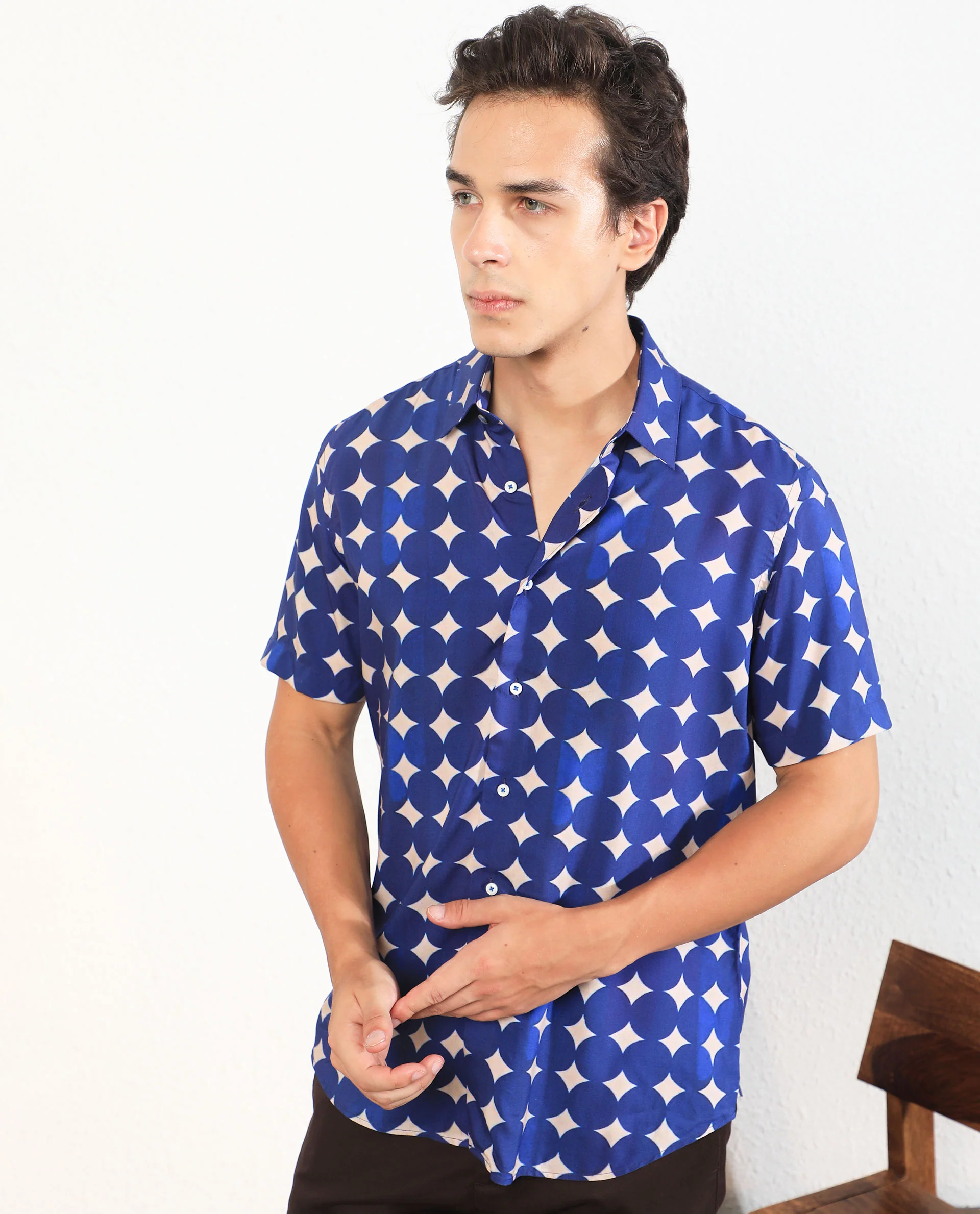 Rare Rabbit Men's Clinton Blue Viscose Geometric Print Regular Fit Half Sleeve Collared Shirt - Image 4