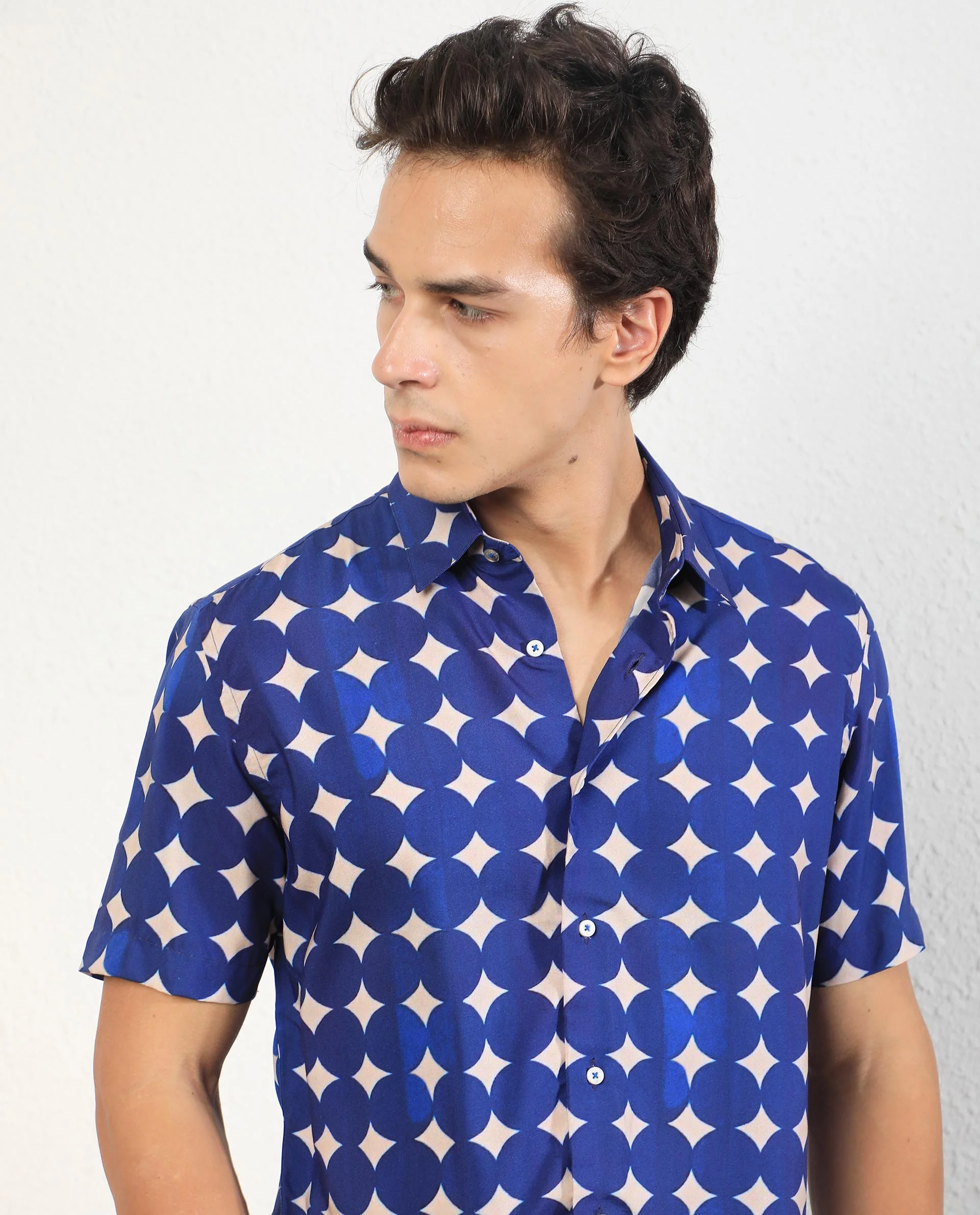 Rare Rabbit Men's Clinton Blue Viscose Geometric Print Regular Fit Half Sleeve Collared Shirt - Image 5