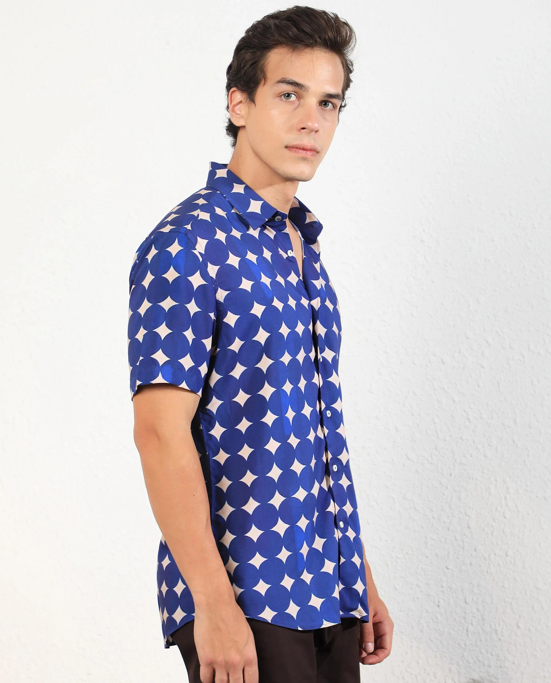 Rare Rabbit Men's Clinton Blue Viscose Geometric Print Regular Fit Half Sleeve Collared Shirt - Image 6