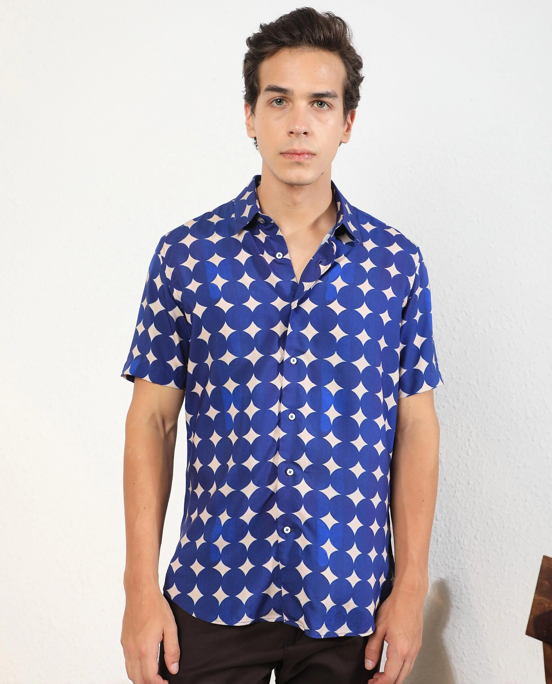 Rare Rabbit Men's Clinton Blue Viscose Geometric Print Regular Fit Half Sleeve Collared Shirt - Image 7