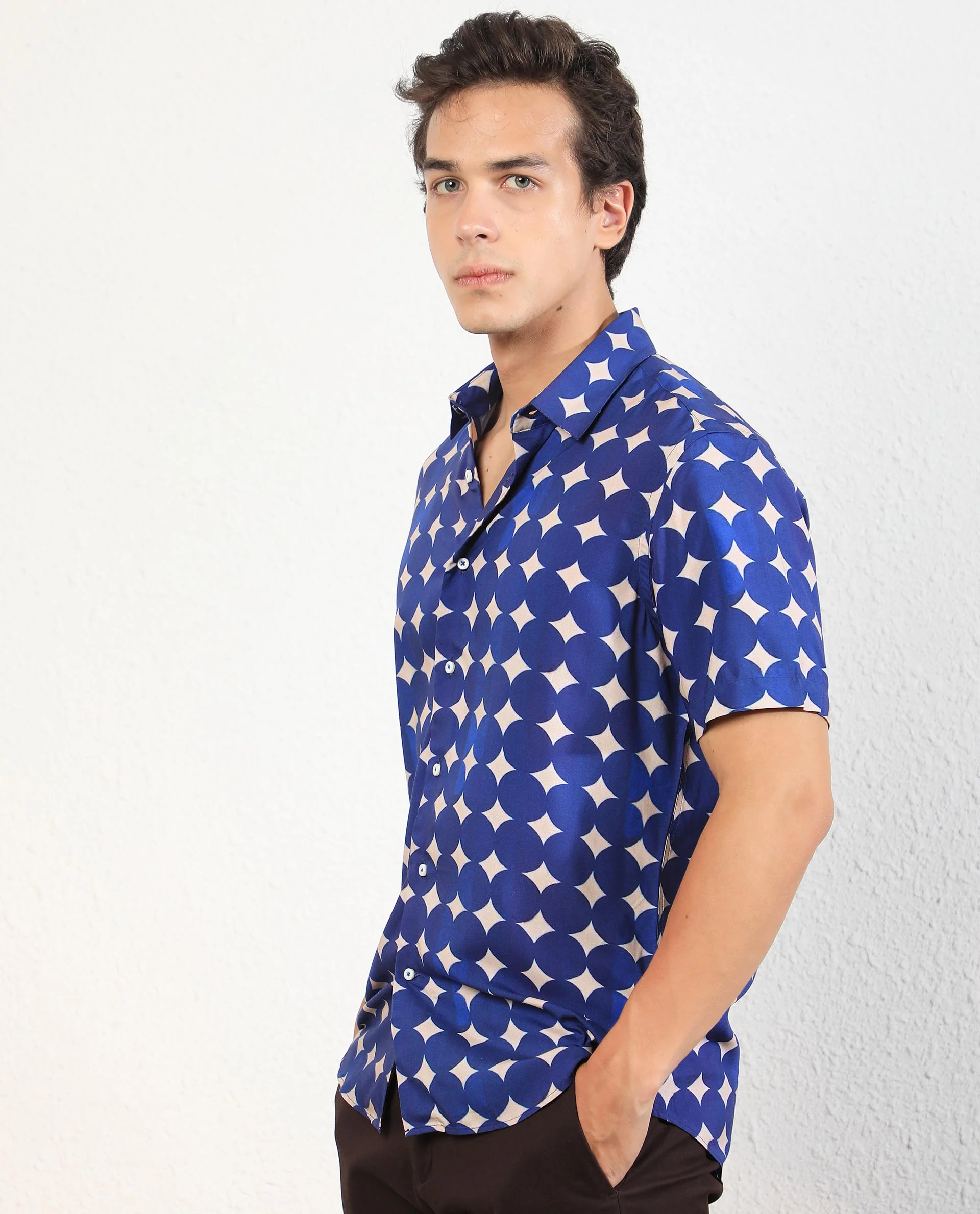Rare Rabbit Men's Clinton Blue Viscose Geometric Print Regular Fit Half Sleeve Collared Shirt - Image 9