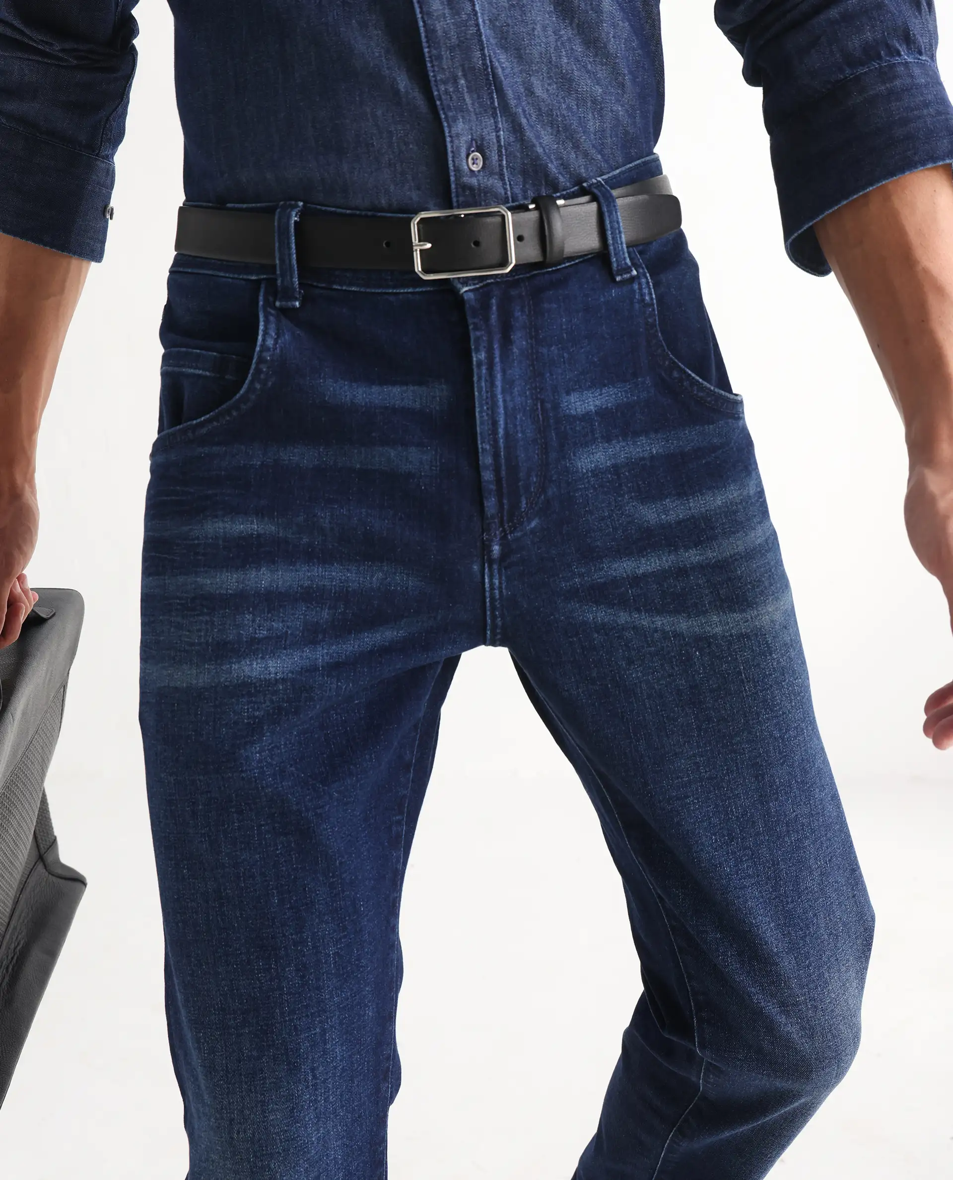 Rare Rabbit Men's Clio Dark Blue Cotton Blend Plain Relaxed Fit Jeans - Image 2