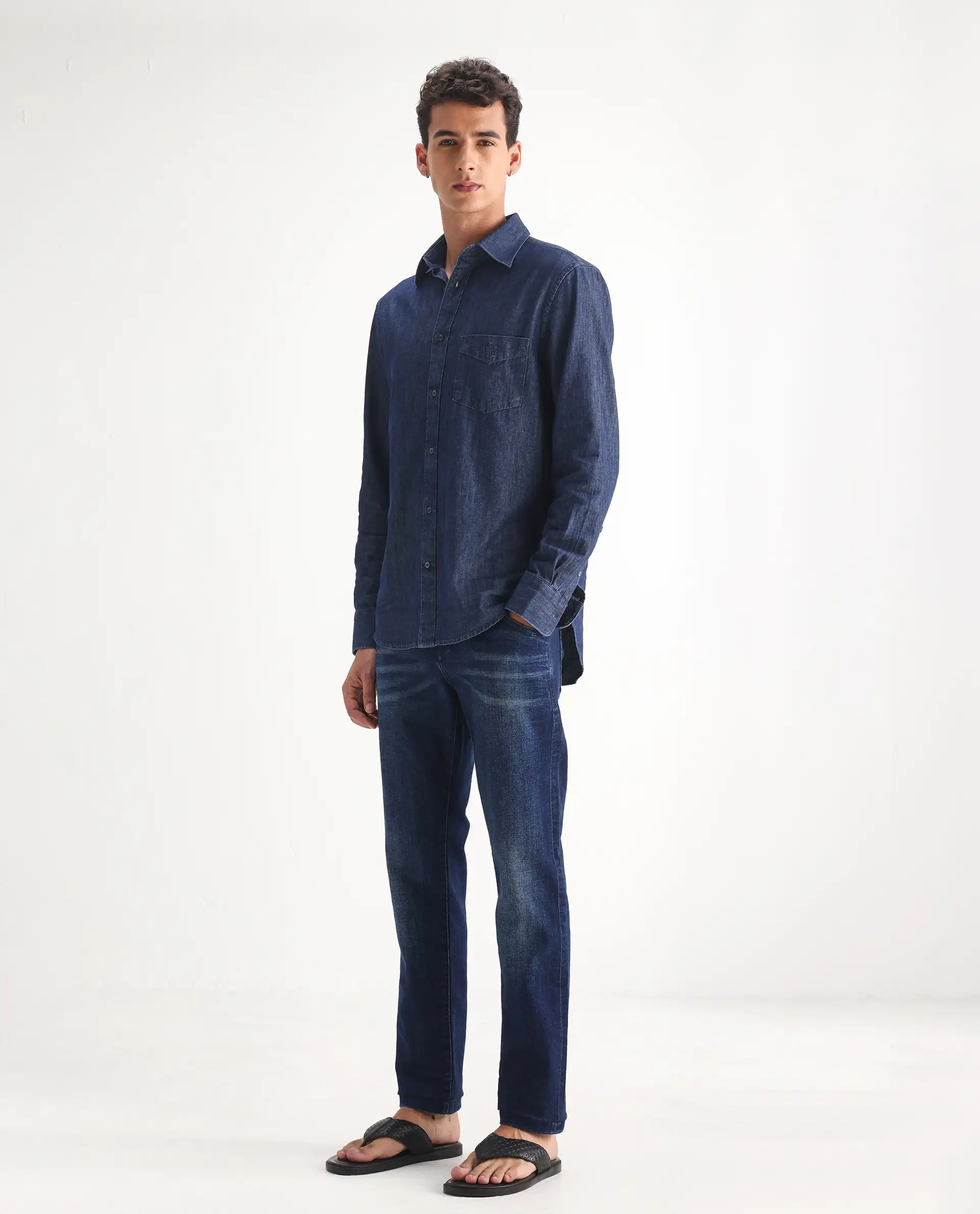 Rare Rabbit Men's Clio Dark Blue Cotton Blend Plain Relaxed Fit Jeans - Image 5