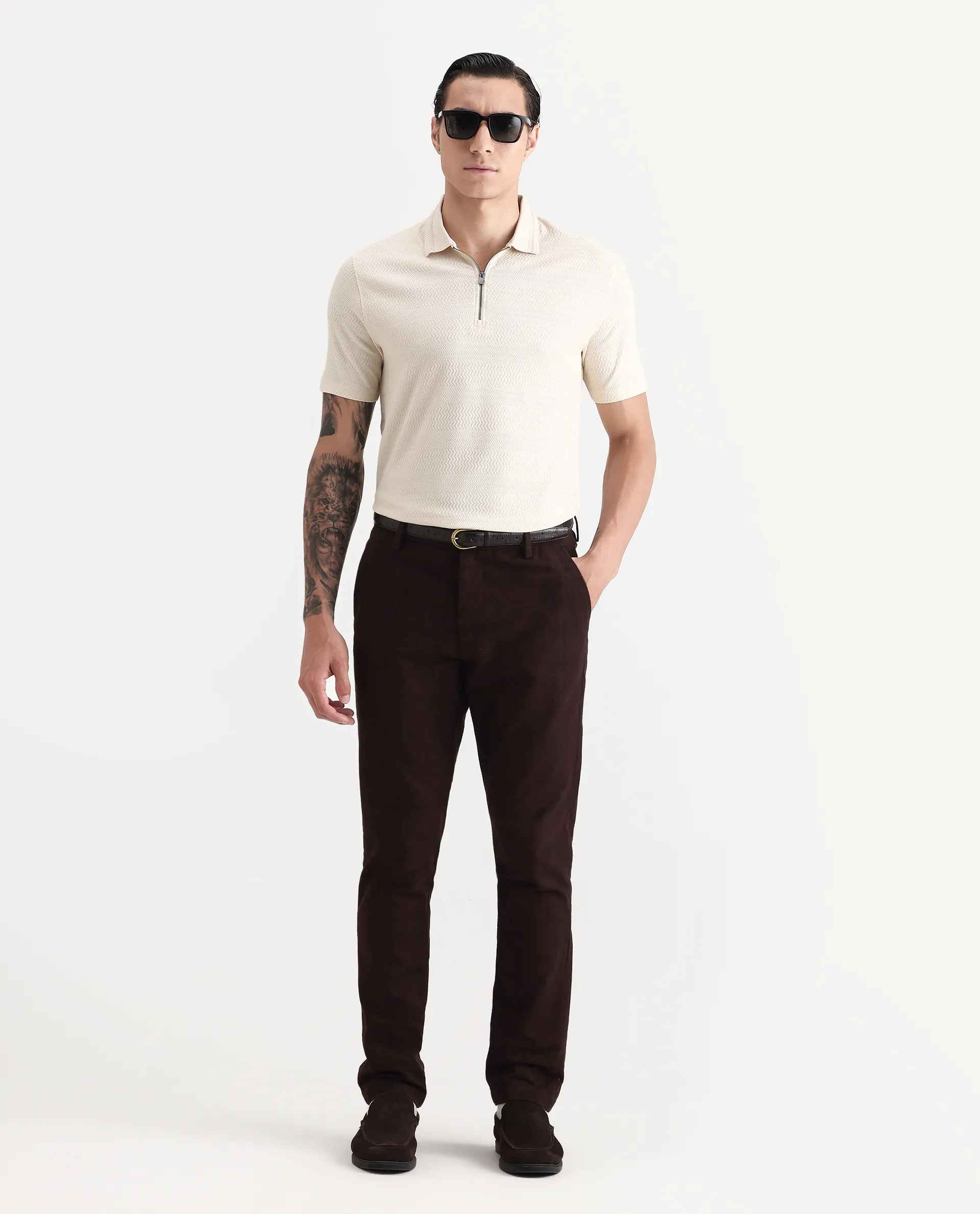 Rare Rabbit Men's Clion-1 Beige Cotton Blend Jacquard Regular Fit Half Sleeve Polo - Image 2