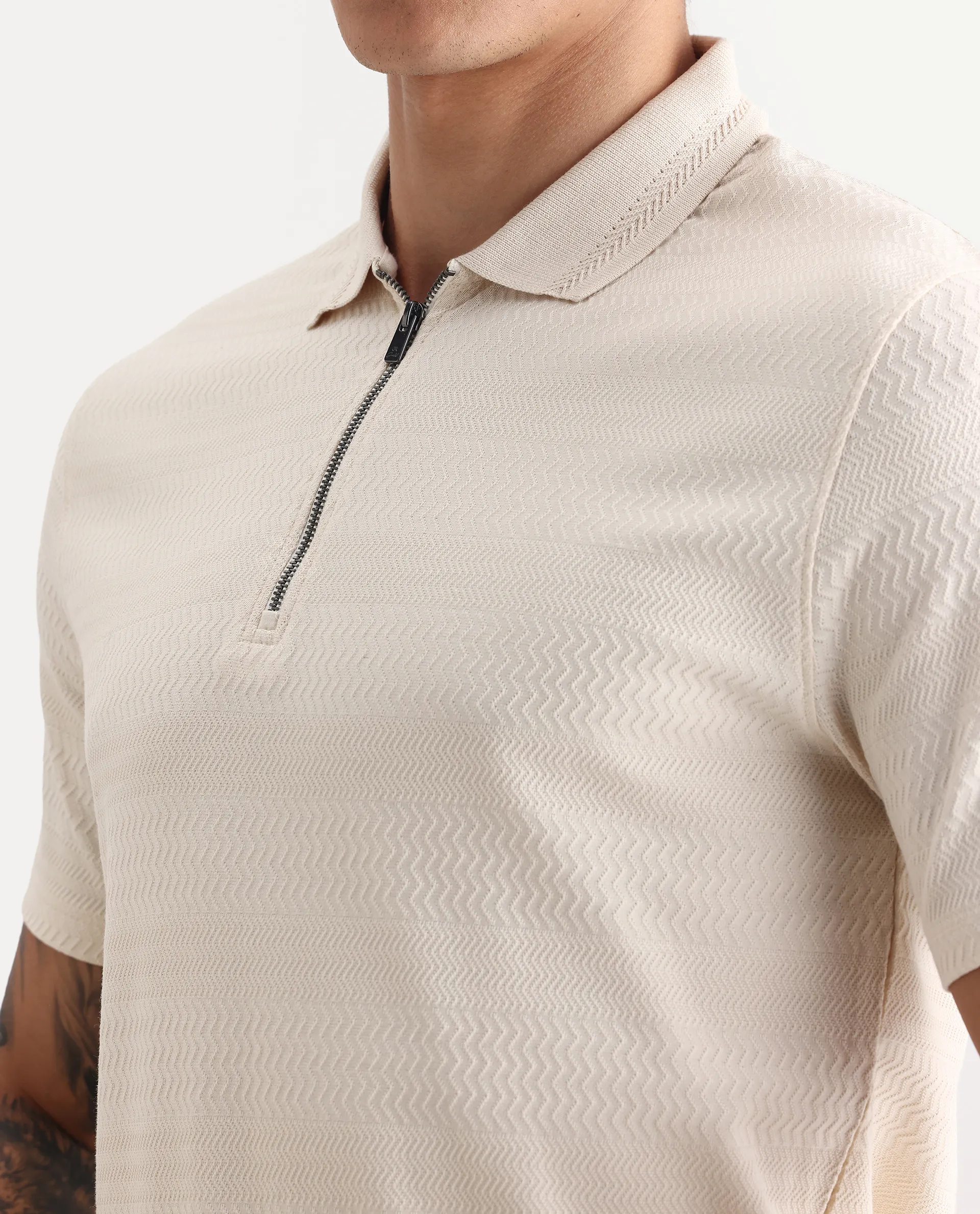 Rare Rabbit Men's Clion-1 Beige Cotton Blend Jacquard Regular Fit Half Sleeve Polo - Image 3
