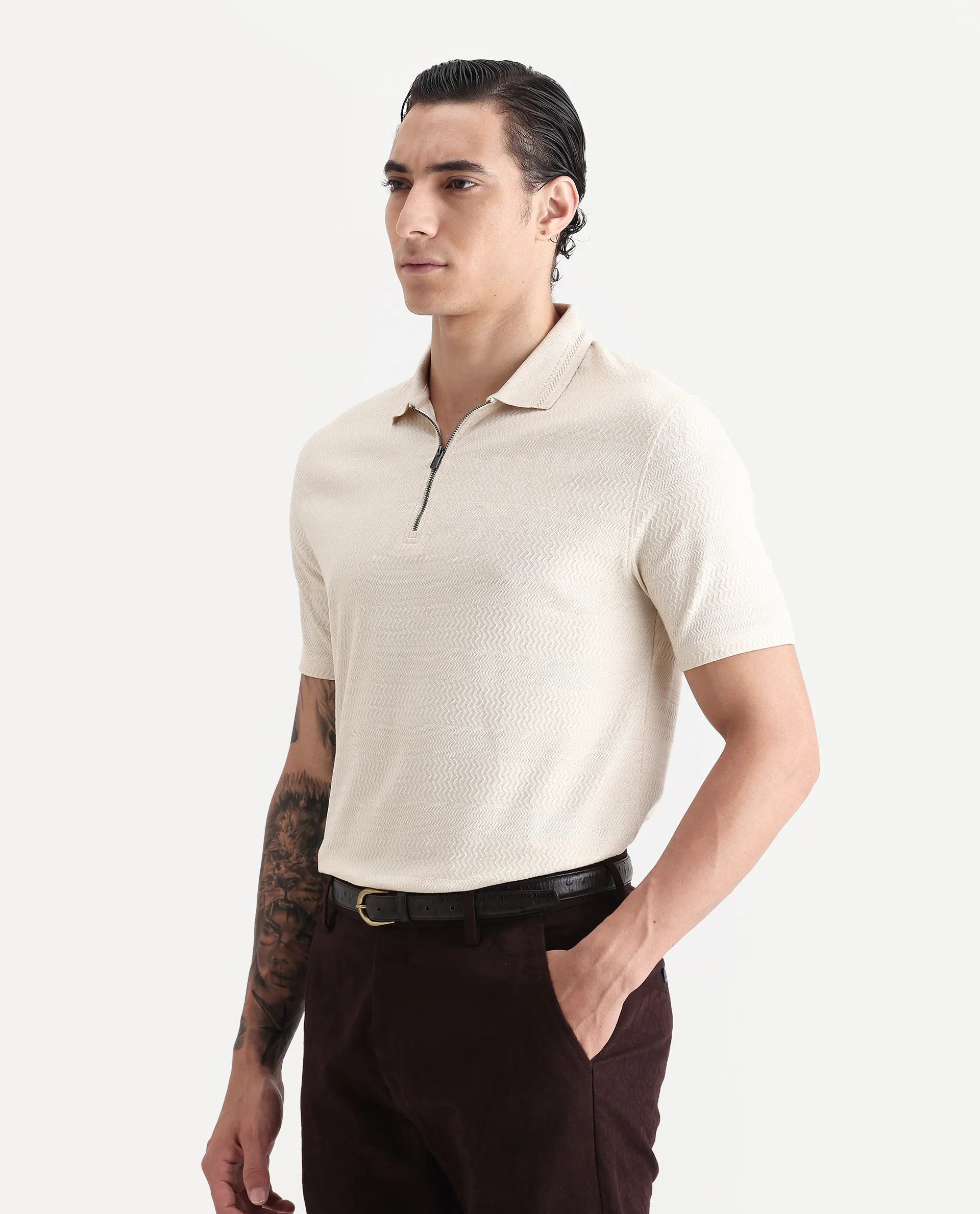 Rare Rabbit Men's Clion-1 Beige Cotton Blend Jacquard Regular Fit Half Sleeve Polo - Image 4