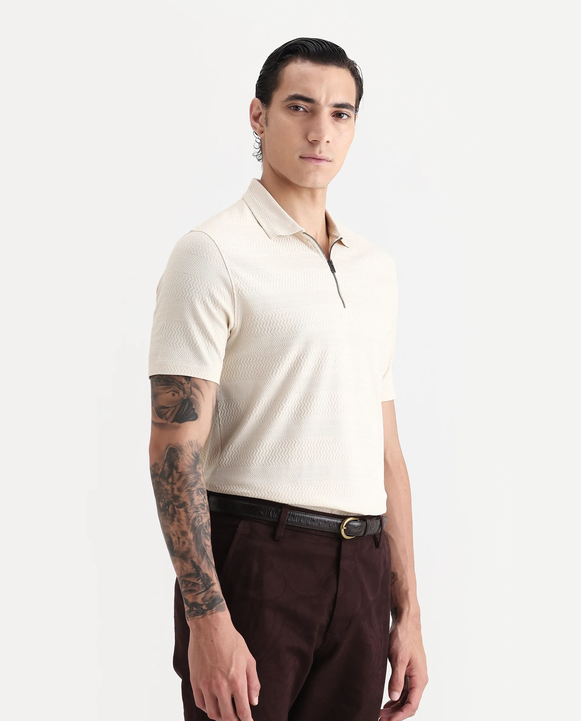 Rare Rabbit Men's Clion-1 Beige Cotton Blend Jacquard Regular Fit Half Sleeve Polo - Image 5