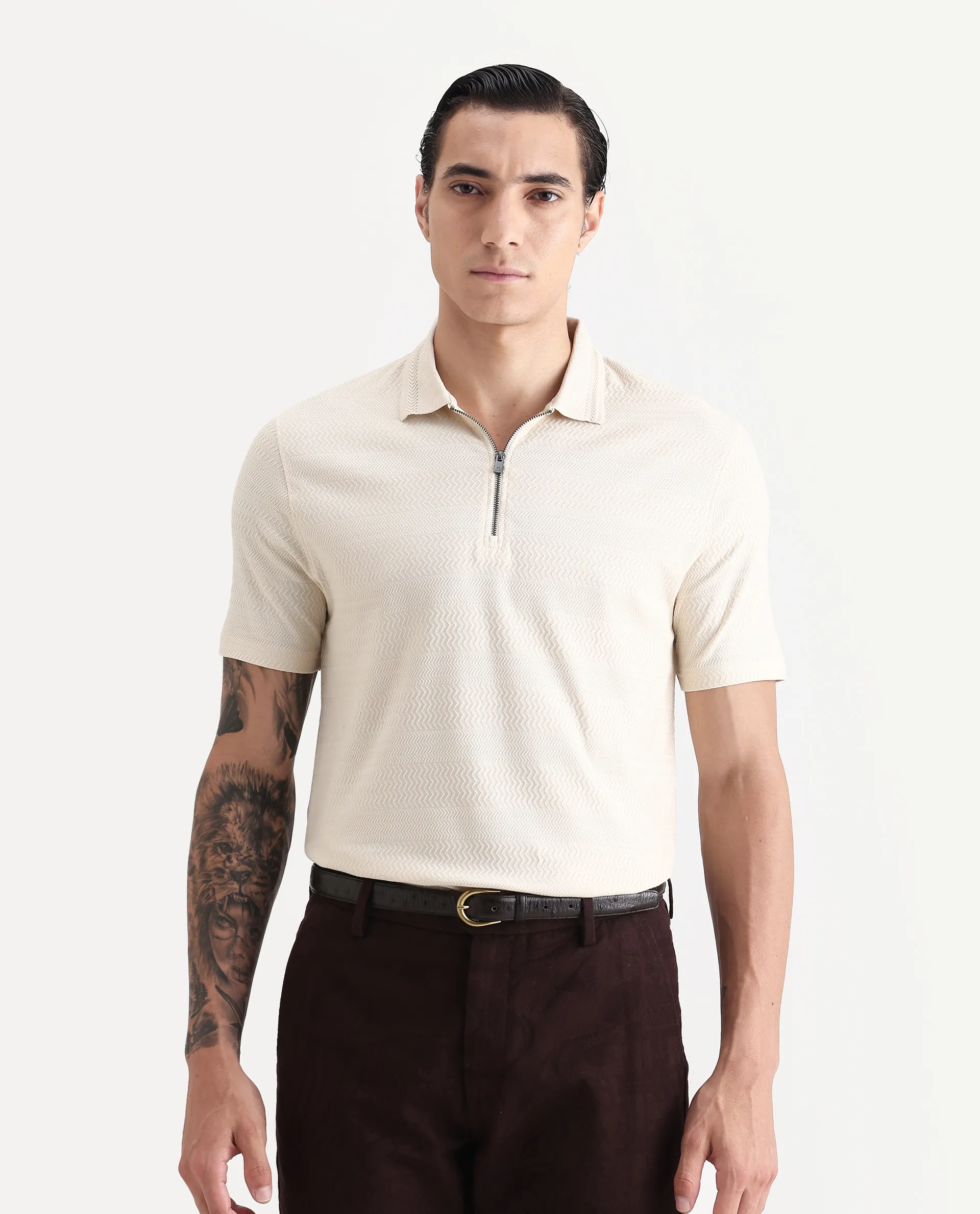 Rare Rabbit Men's Clion-1 Beige Cotton Blend Jacquard Regular Fit Half Sleeve Polo - Image 6