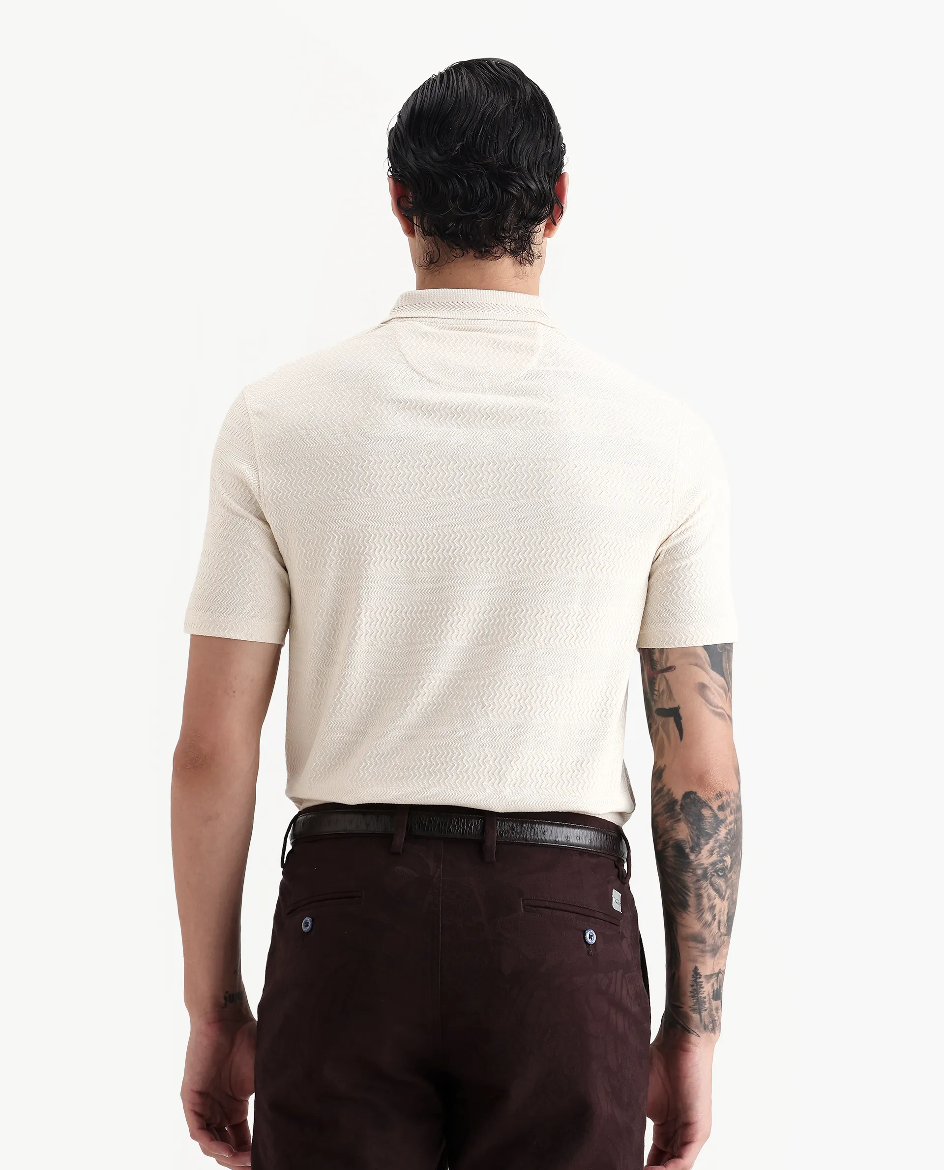 Rare Rabbit Men's Clion-1 Beige Cotton Blend Jacquard Regular Fit Half Sleeve Polo - Image 7