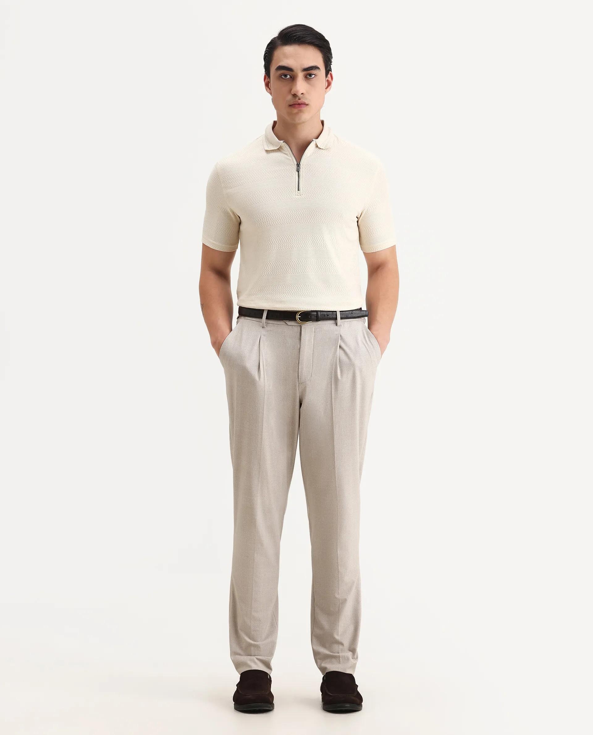 Rare Rabbit Men's Clion Beige Cotton Blend Jacquard Regular Fit Half Sleeve Polo - Image 2