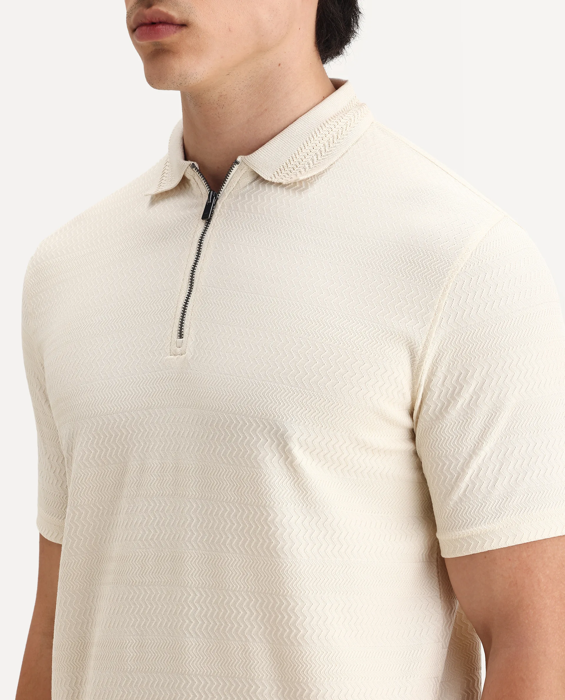 Rare Rabbit Men's Clion Beige Cotton Blend Jacquard Regular Fit Half Sleeve Polo - Image 3