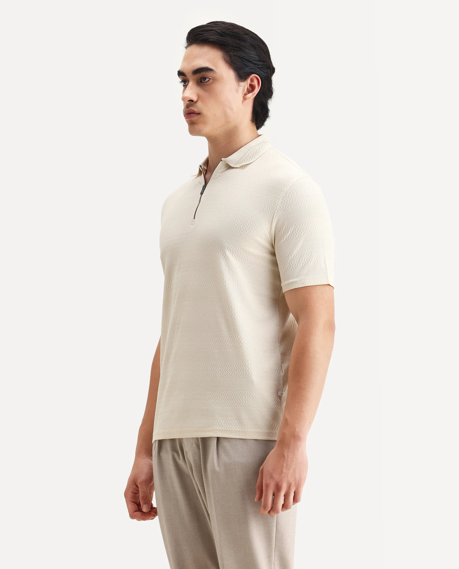Rare Rabbit Men's Clion Beige Cotton Blend Jacquard Regular Fit Half Sleeve Polo - Image 4