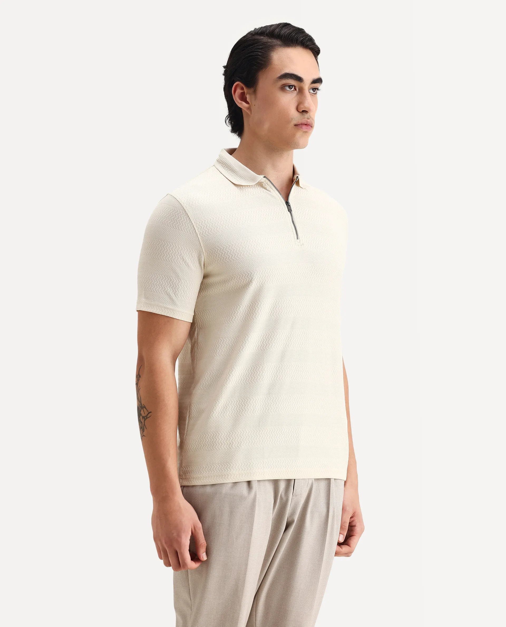 Rare Rabbit Men's Clion Beige Cotton Blend Jacquard Regular Fit Half Sleeve Polo - Image 5