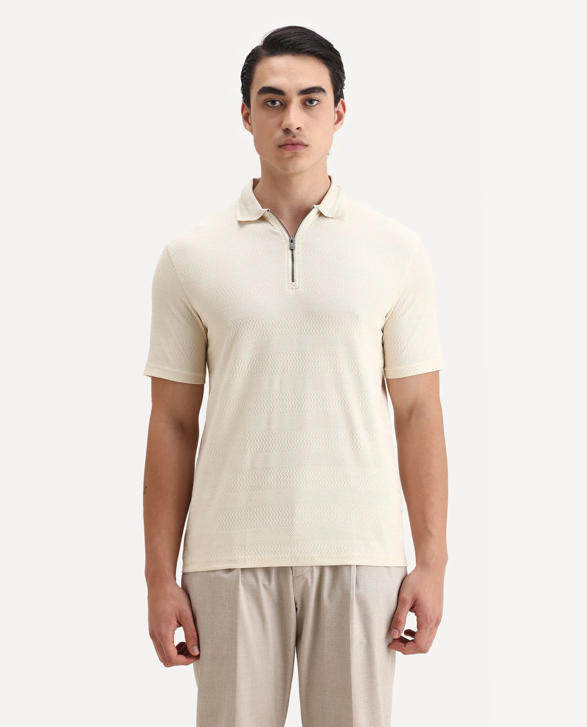 Rare Rabbit Men's Clion Beige Cotton Blend Jacquard Regular Fit Half Sleeve Polo - Image 6