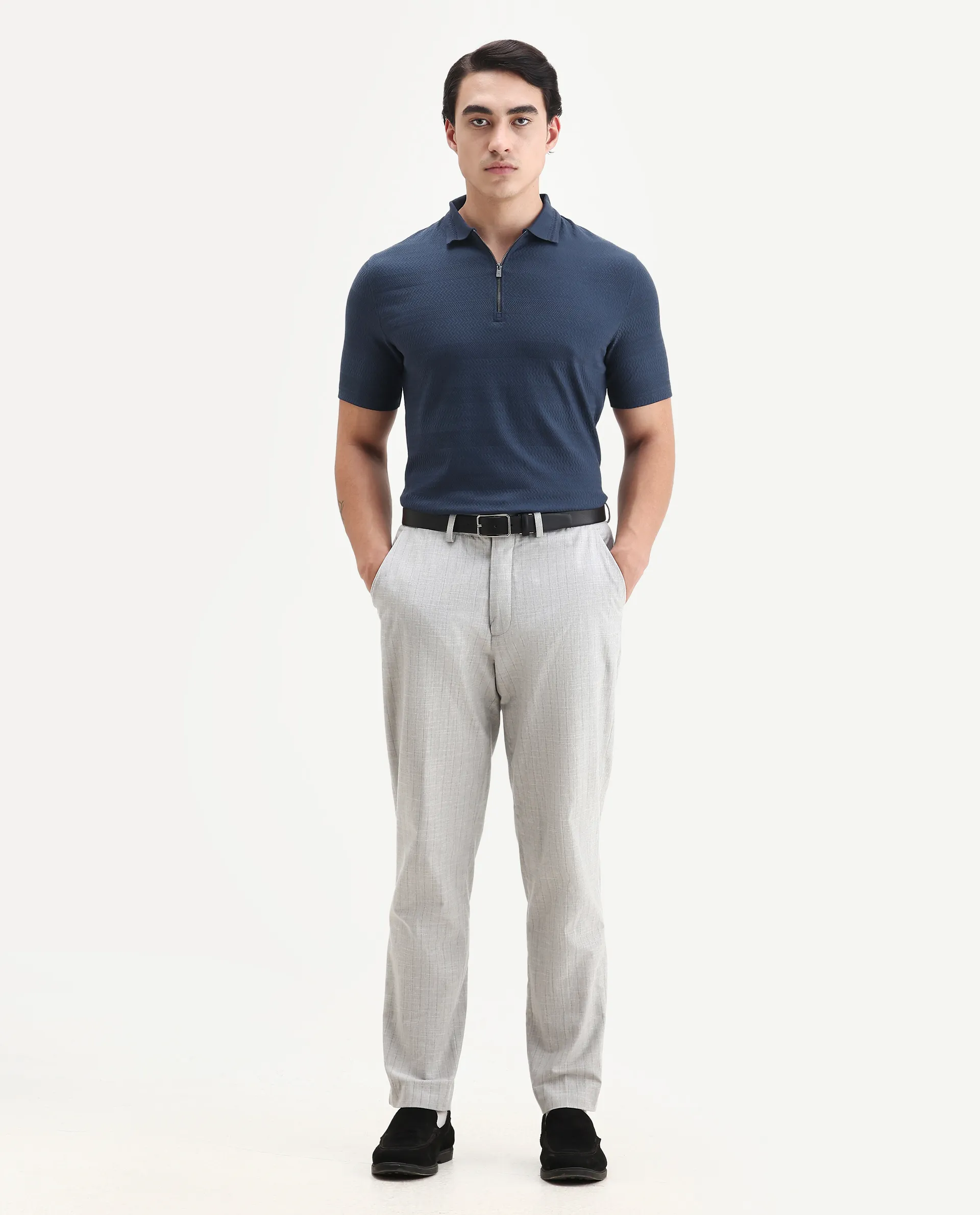 Rare Rabbit Men's Clion Dark Blue Cotton Blend Jacquard Regular Fit Half Sleeve Polo - Image 2