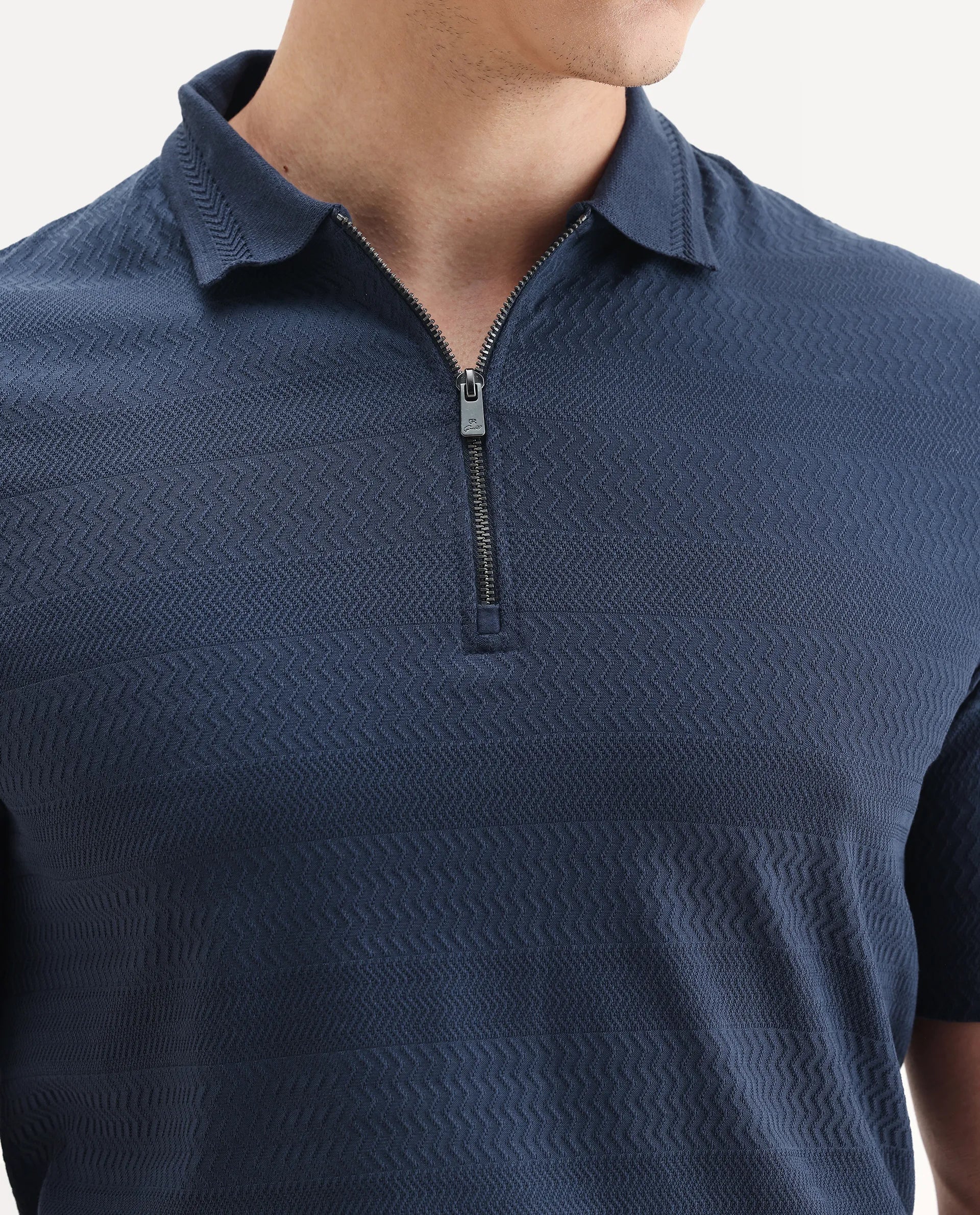 Rare Rabbit Men's Clion Dark Blue Cotton Blend Jacquard Regular Fit Half Sleeve Polo - Image 3
