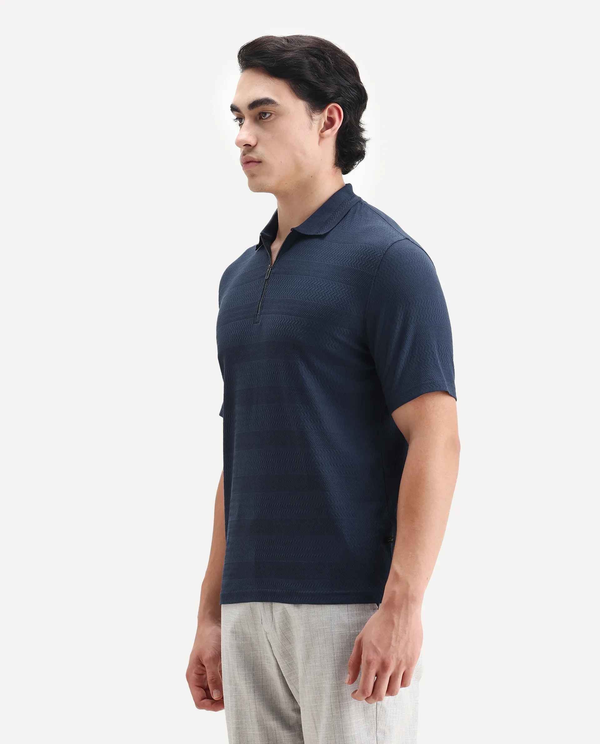 Rare Rabbit Men's Clion Dark Blue Cotton Blend Jacquard Regular Fit Half Sleeve Polo - Image 4